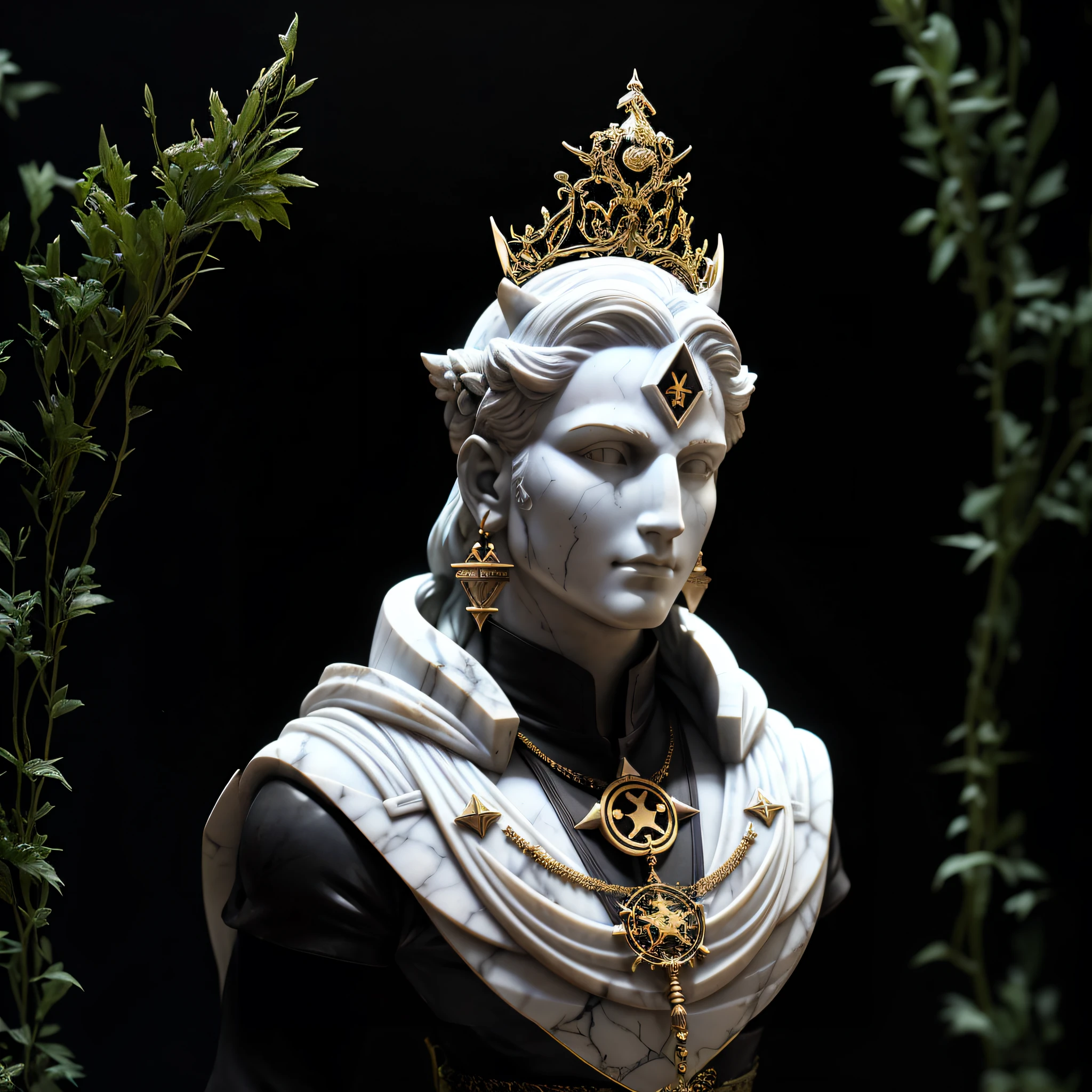 a closeup of a statue of a woman with a crown on her head, cinematic bust shot, cinematic bust portrait, cinematic close-up of bust, Beautiful androgynous prince, deusa. Detalhes extremamente altos, personagem de fantasia hiperdetalhado, delicate androgynous prince, side portrait of elven royalty, resin statue, Inspirado em Kris de Deltarrune