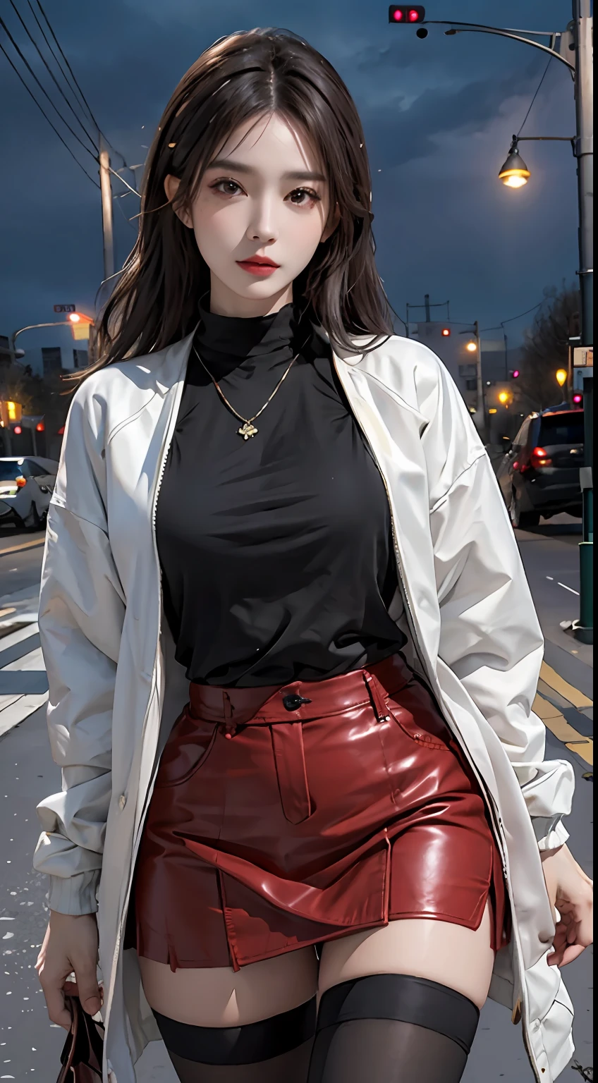 photorealistic, high resolution, 1women, solo, hips up, look at viewer, (detailed face), colorful street wear, jacket, skirt, thighhighs, tattoo, jewelry, winter night