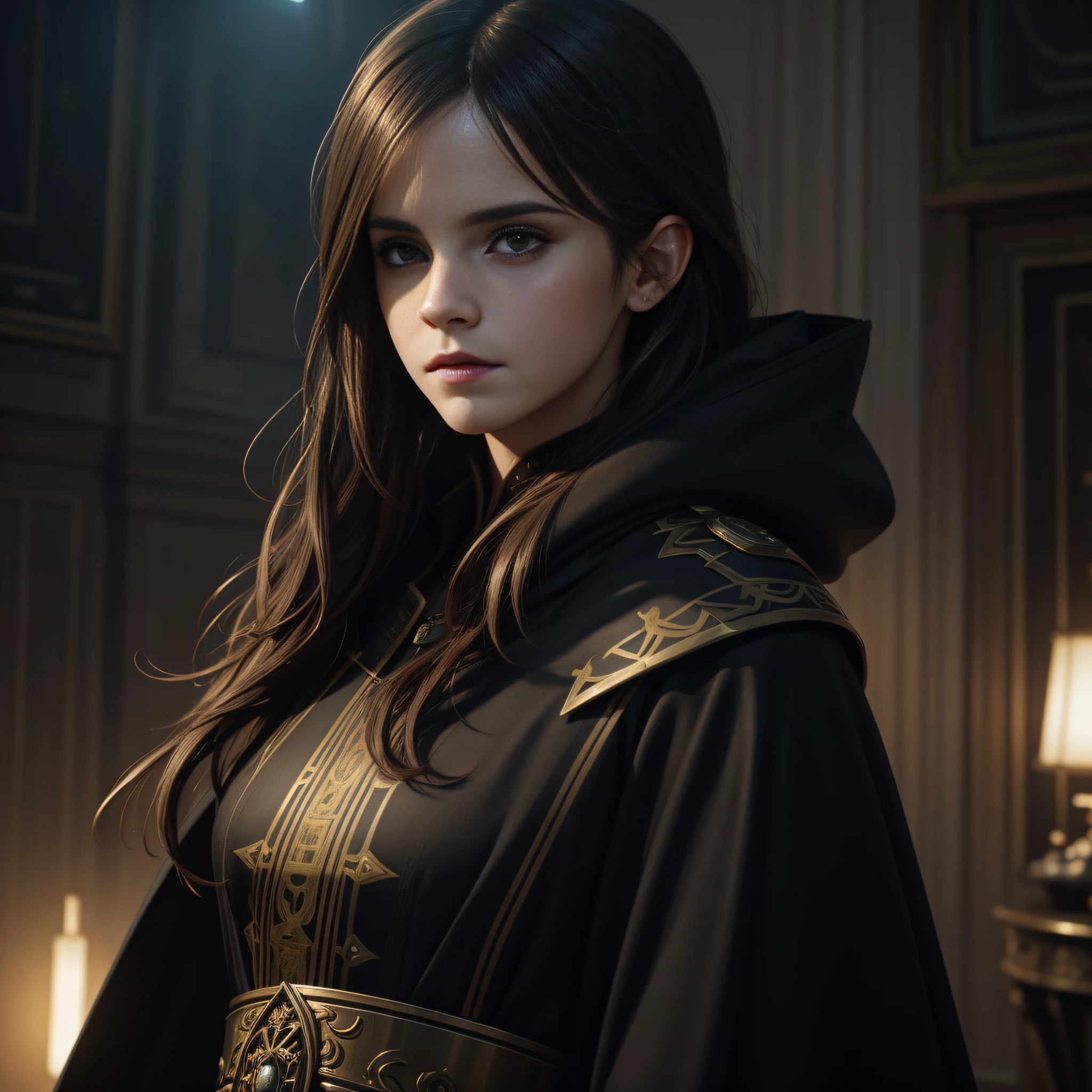 Emma Watson in modelshoot style, (extremely detailed CG unity 8k wallpaper), full shot body photo of the most beautiful artwork in the world, cloak armor, professional majestic oil painting by Ed Blinkey, Atey Ghailan, Studio Ghibli, by Jeremy Mann, Greg Manchess, Antonio Moro, trending on ArtStation, trending on CGSociety, Intricate, High Detail, Sharp focus, dramatic, photorealistic painting art by midjourney and greg rutkowski --auto