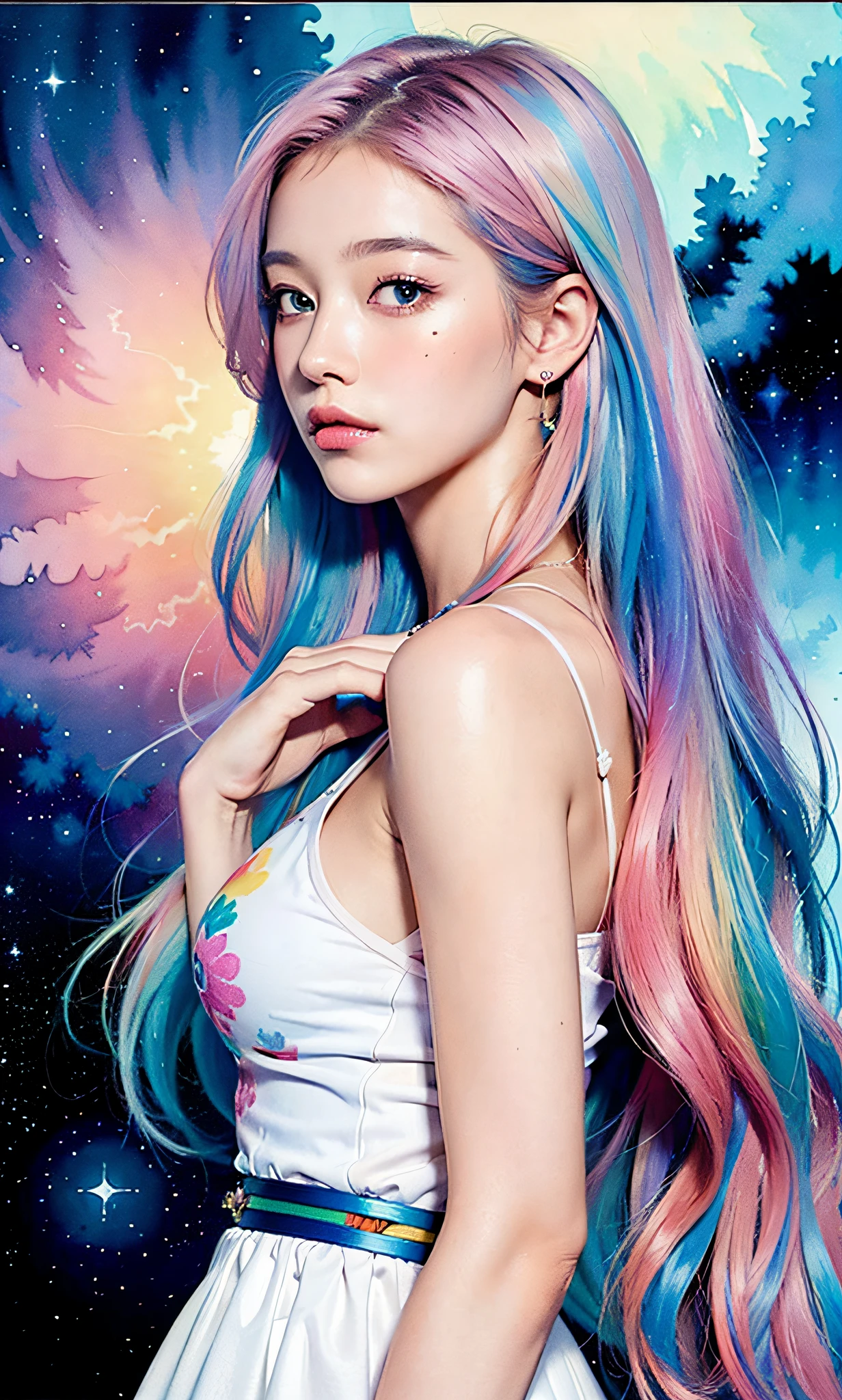 (masterpiece, top quality, best quality,watercolor (medium),official art, beautiful and aesthetic:1.2),(1girl:1.3), (fractal art:1.3),upper body, from side, looking at viewer,patterns,(rainbow color Hair,colorful hair,half blue and half pink hair:1.2),water,liquid, cloud,colorful, starry,stars,