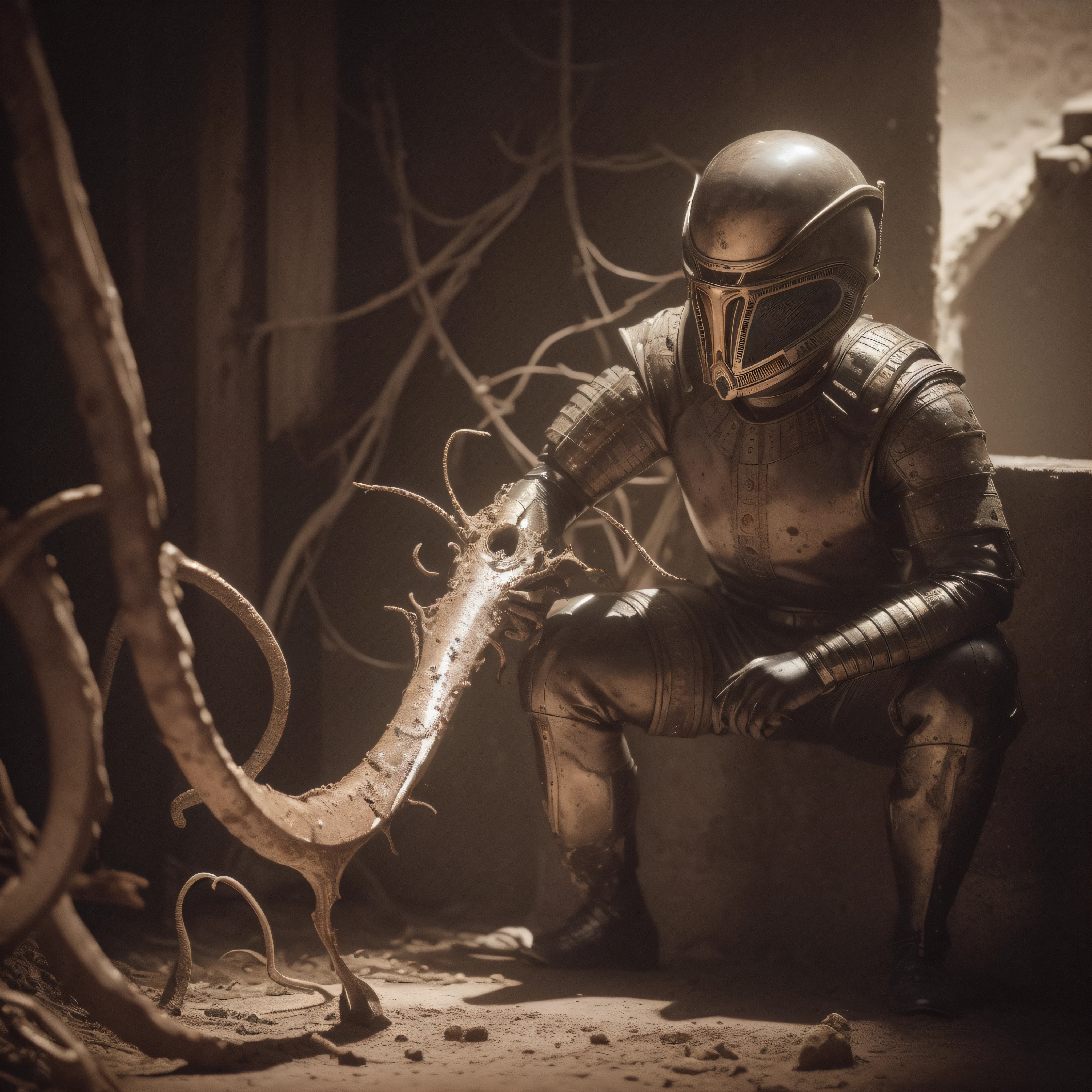 (extremadamente detallado, obra maestra, La mejor calidad), Estilo oscuro, intense illumination, rostro con arrugas, soldier, medieval armor, rusted, axe, tentacle, monstruoso, interior de una piscina de agua verdosa, imagen submarina, alien con Colmillos finos. manchas de tinta. Rococo composition. Luz de caravaggio