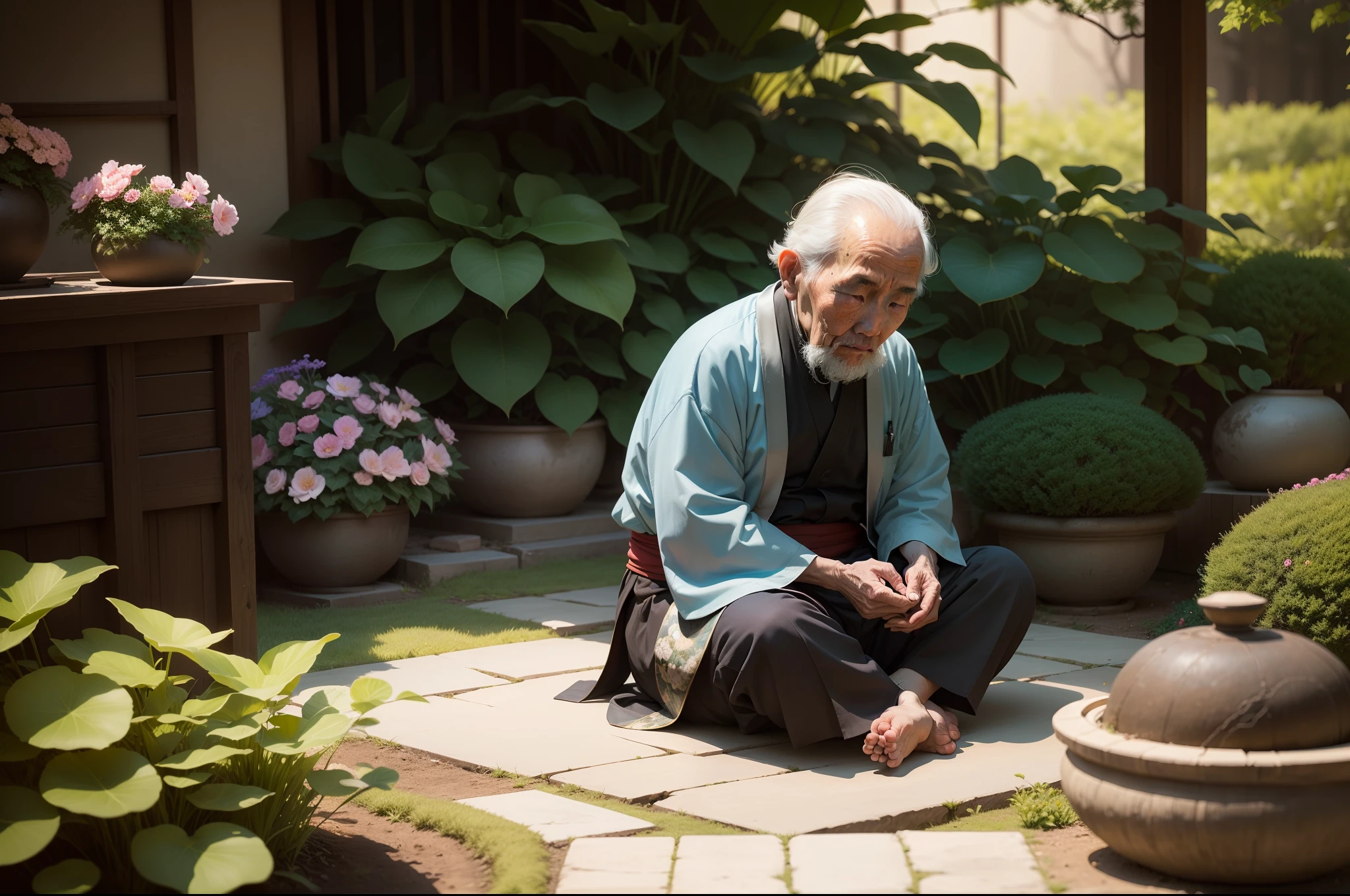 old japanese man in a beautiful garden, surrounded by plants and flowers, sitting meditating, expressionism, realism, contemporary art, fisheye, 35mm, Canon, UHD, masterpiece, ccurate, super detail, award-winning, high details,, sitting