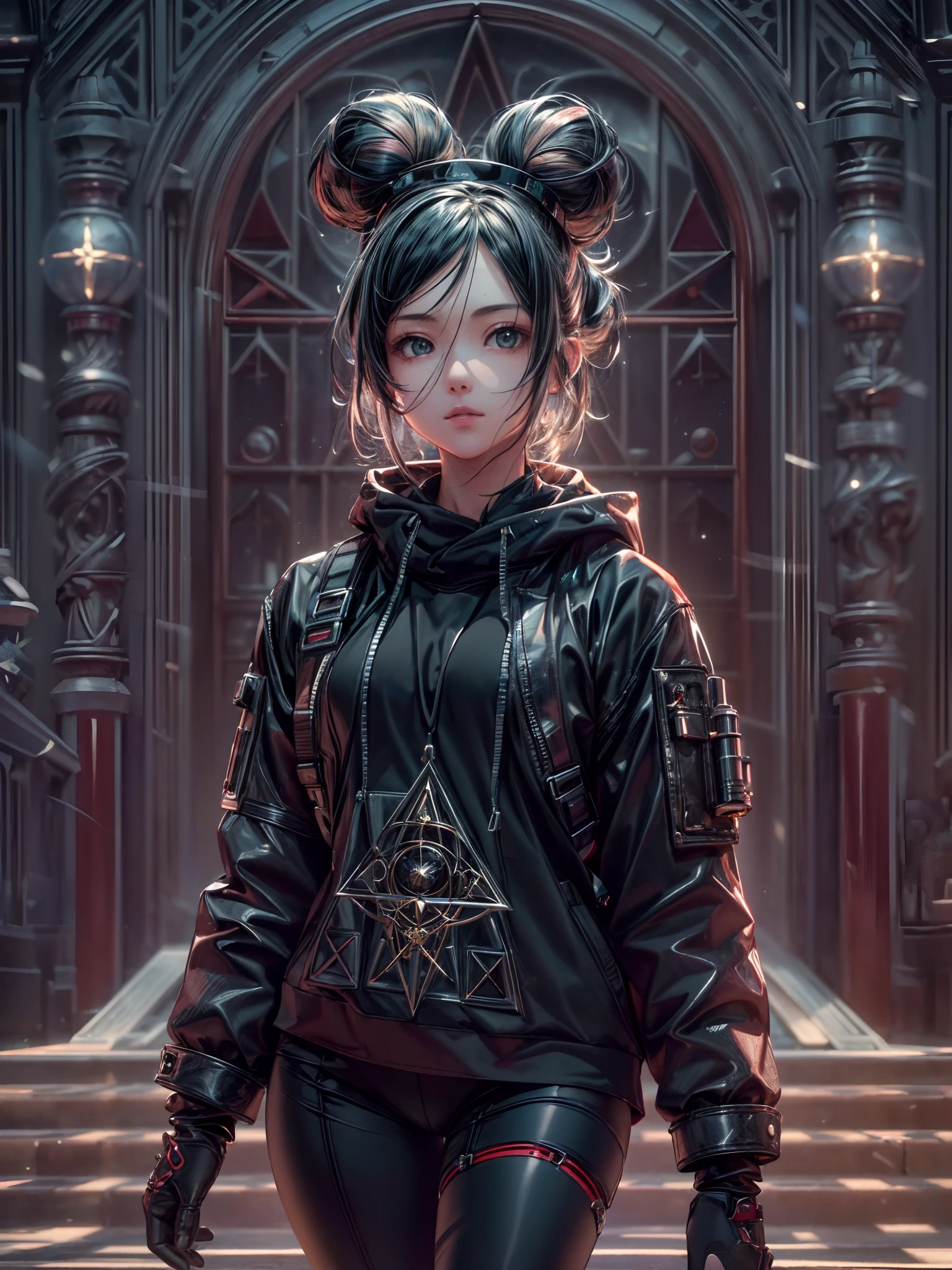 ((((adorable,captivating,enchanting,female)))),(top buns),((wearing hood,wearing leggings,wearing miniskirt,wearing backpack)),((wearing boots,wearing gloves,wearing blades)), (((fuzzy-logic, psychenautics, mysticism, urban-gothic, psychonaut, sci-fi, hi-fi, abstracted, quasi-organic, sacred geometrics, biomechanics, alchemical, isometrics))), (((most beautiful images in existence))), (masterpiece), (masterwork), ((top quality)), ((best quality)), ((highest quality)), ((high fidelity)), ((highest resolution)), ((highres)), ((hyper-detailed)), (((detail enhancement))), ((deeply detailed)), unity 8k, unreal 8k, octane render, awe inspiring, breathtaking, hdr, uhd, hdr, fhd, meticulous, intricate, intimate, nuanced, award winning, (((most beautiful artwork))), photon mapping, ray tracing, film grain, depth of field