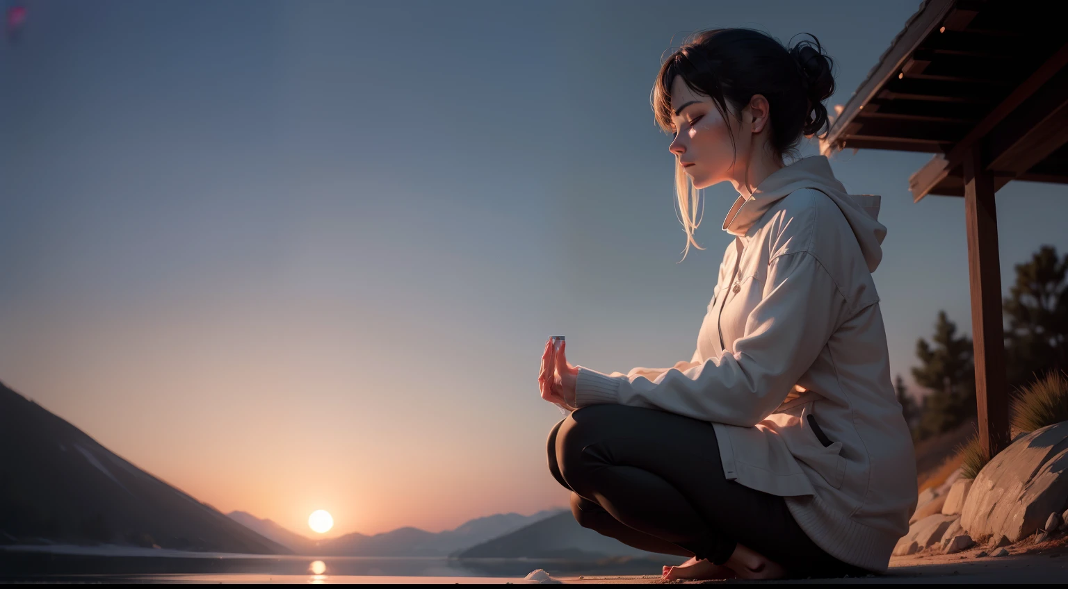 A woman peacefully meditating outdoors at dawn for the 75 Hard Challenge, oils