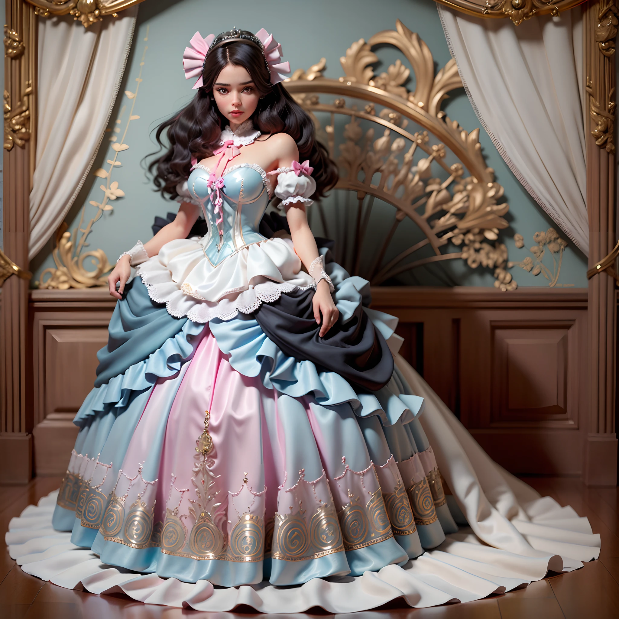 best quality, masterpiece, best definition, artwork, super detailed, many details, details, detailed, woman, 20 years, full body, full body, ball gown, super detailed dress, long dress, dress with many ruffles, dress with many bows, pink bows, victorian dress, detailed victorian dress, victorian dress with bows, pink, ruffles, many ruffles, very bulky dress, light blue dress, dress with ruffles, bows, many bows, woman, full body, black hair.