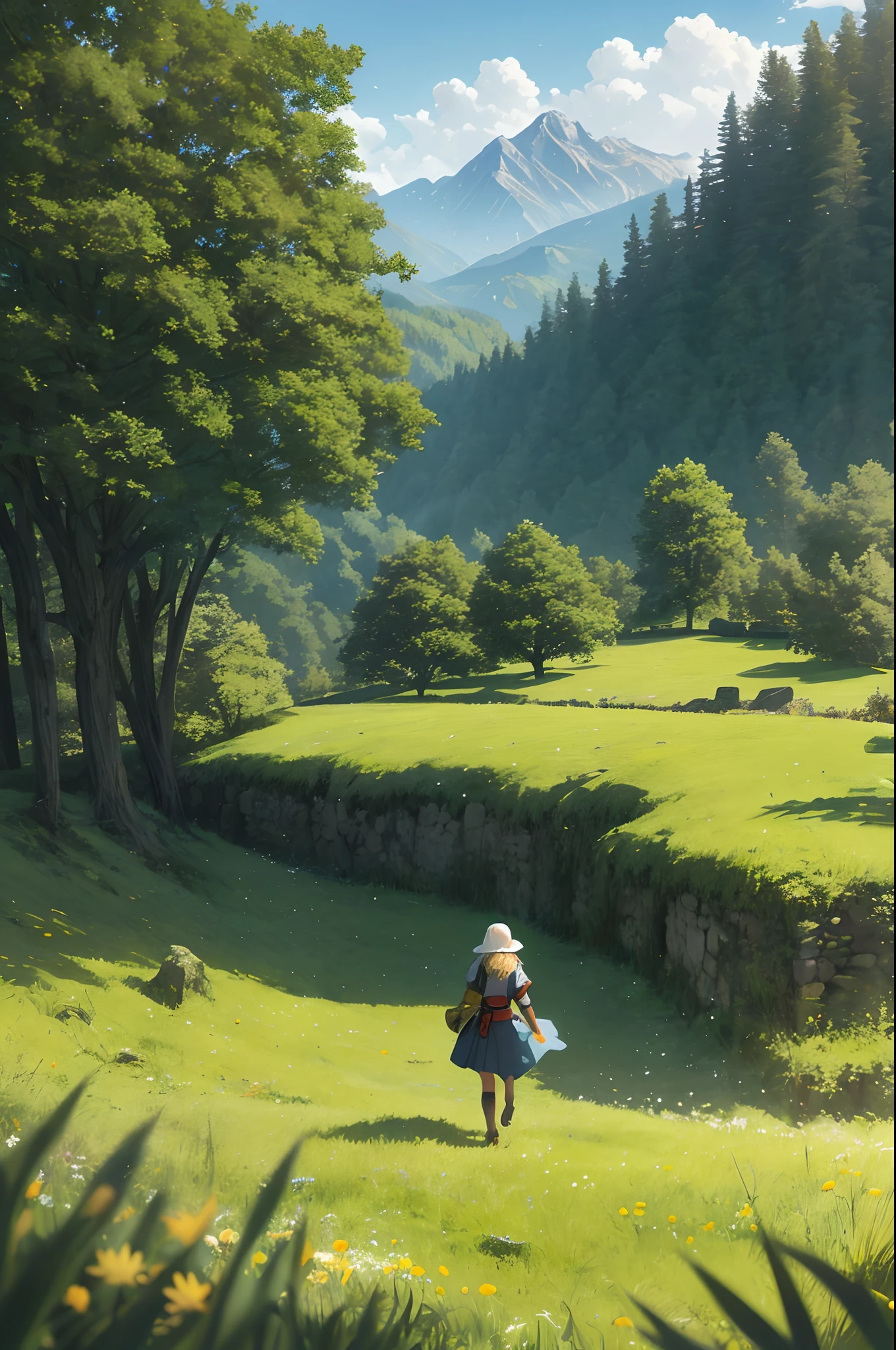 In a green meadow stands a girl leading a group of knights.
BREAK
With a brave expression, she guides them towards their destination.
BREAK
Behind her, a green forest stretches out and beyond that, mountains rise in the distance.
BREAK
The most suitable effect for this scene would be a watercolor painting technique to capture the softness of the meadow and the fluidity of the movement.