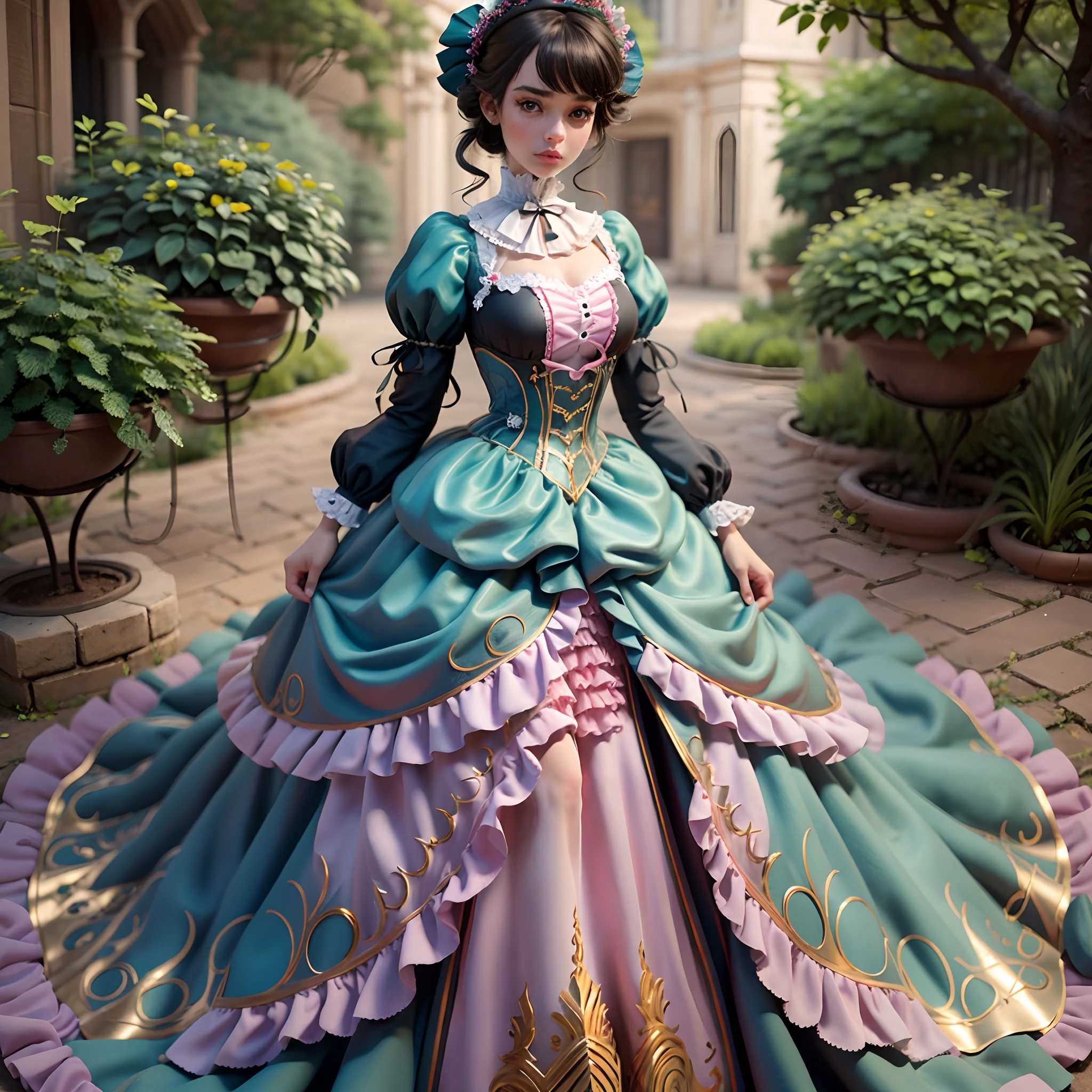 best quality, masterpiece, best definition, artwork, super detailed, many details, details, detailed, woman, 20 years, full body, full body, ball gown, super detailed dress, long dress, dress with many ruffles, dress with many bows, pink bows, victorian dress, detailed victorian dress, victorian dress with bows, pink, ruffles, many ruffles, very bulky dress,  light blue dress, dress with ruffles, bows, many bows, woman, full body, black hair.