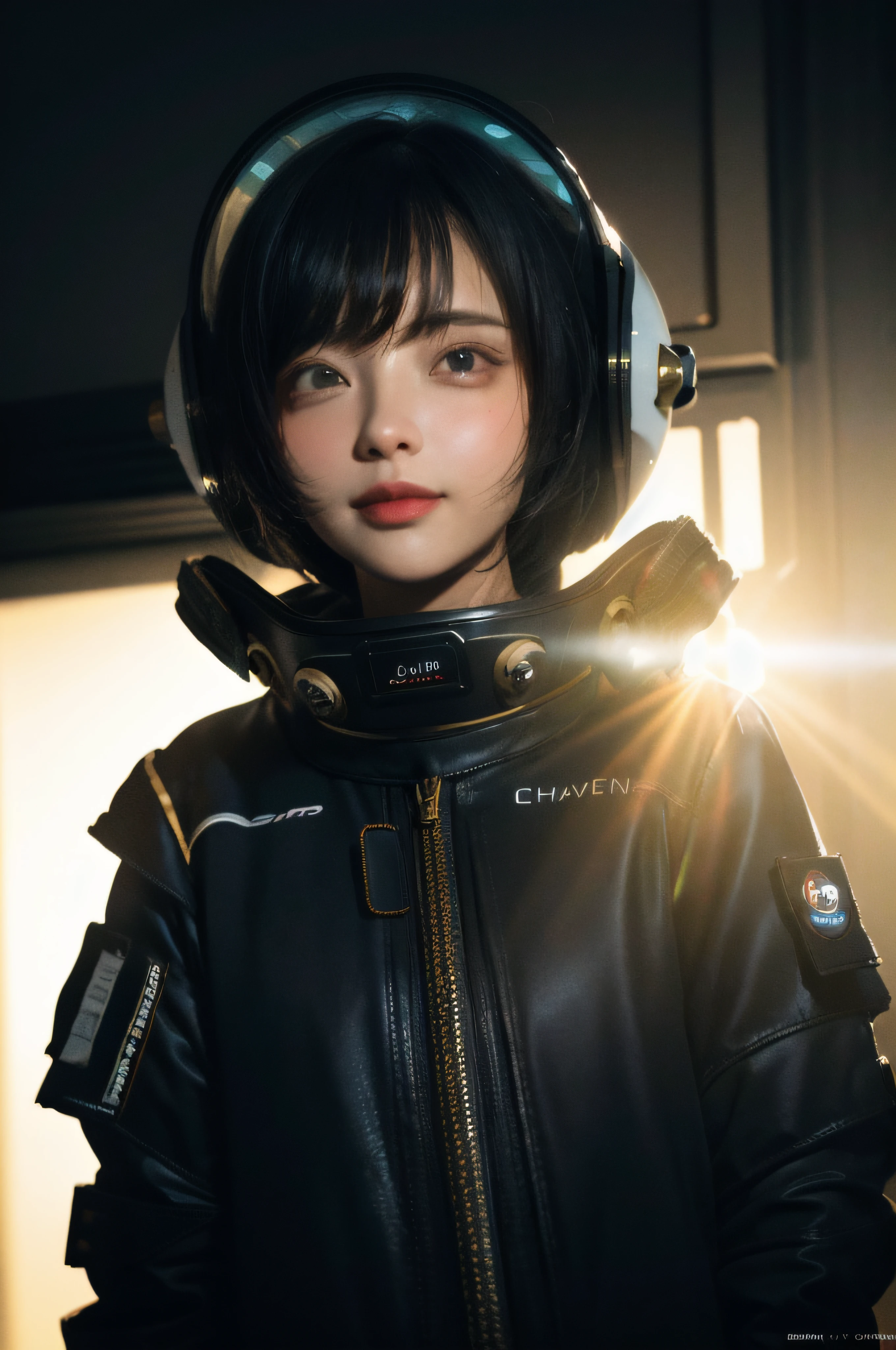 Raw, medium portrait, beautiful face, solo, perfect body, 1girl, in space, spacecraft, spacesuit,Helmet, sun rays, indoors, porthole, illuminator, stars, smiley, cinematic lighting, ray tracing, reflection light, backlighting, UHD, highres, 16k, giving the scene a dark atmosphere but sculpting the forms in sharp chiaroscuro,