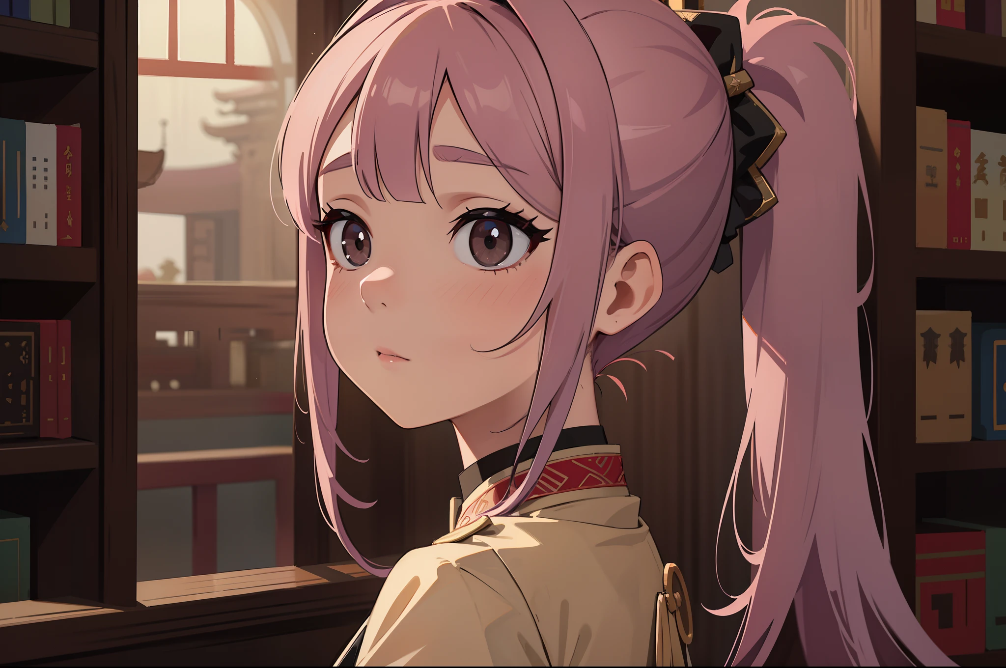 1girl, high-resolution, close-up portrait, POV, with lilac hair in a ponytail, adorned in a beige Chinese tang dress embellished with burgundy and black accents, showcasing intricate black eyes, set against the backdrop of a Middle Eastern library, daydreaming