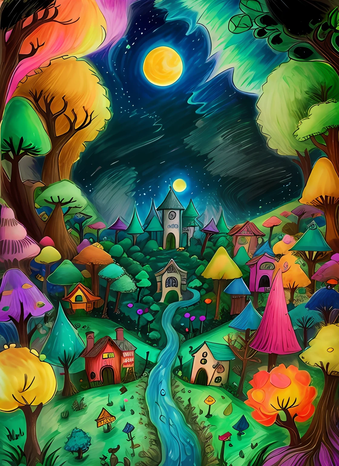 Presentation of the village surrounded by an enchanted forest. e Luna, uma menina curiosa de 8 anos apaixonada por cores.