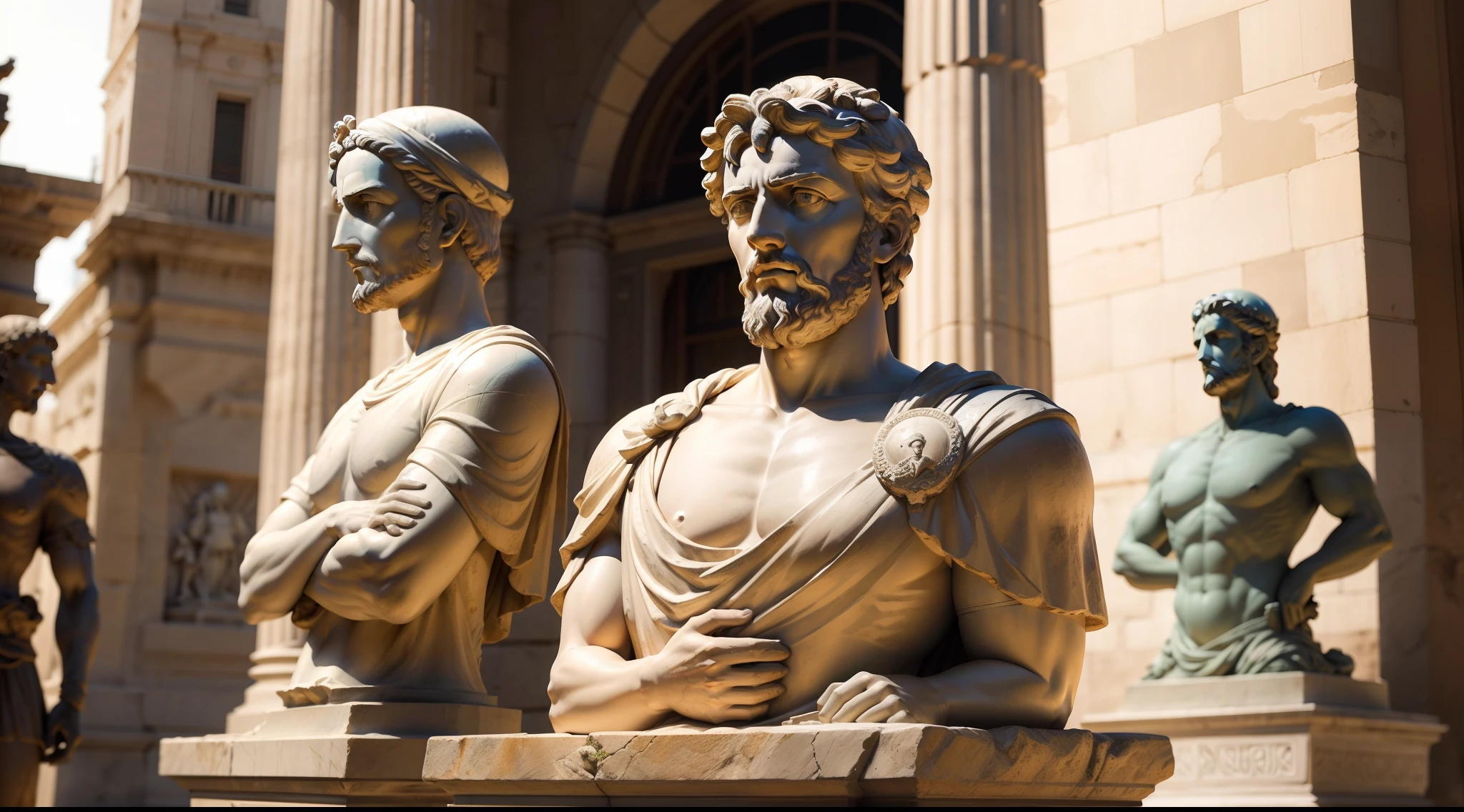 An ancient Roman statue of Marcus Aurelius teaching Stoic philosophy principles