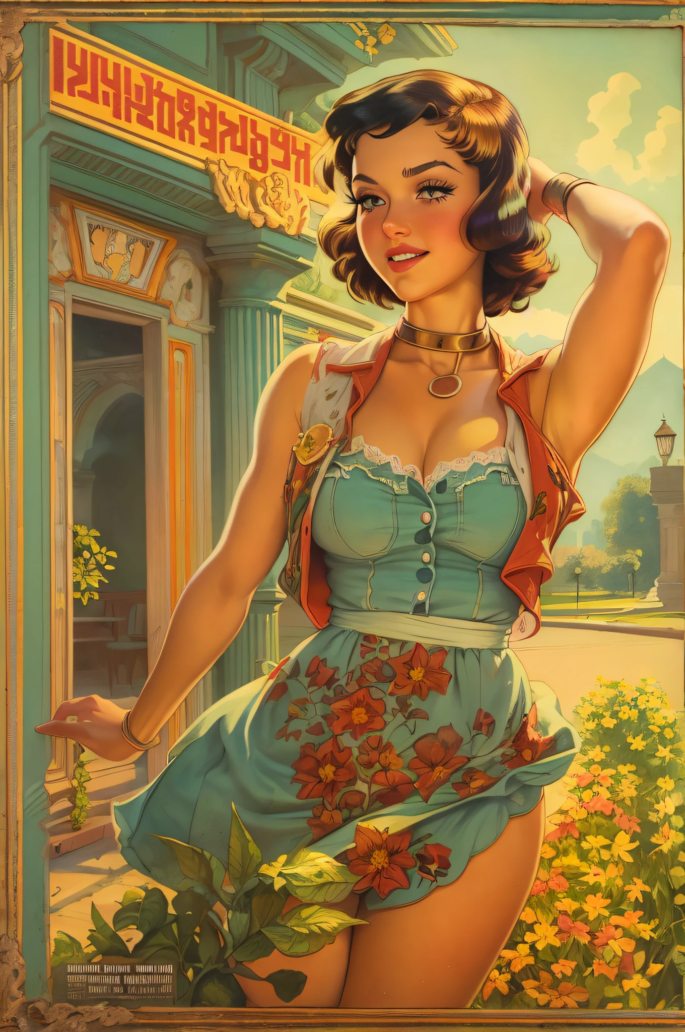 (isabelmoner-smf, dora: 0.9), (ussr: 1.2), Romantic promenade, Evening sunset, Soviet satirical poster , in the style of Pin Up, higly detailed, Complicated details, Gil Elvgren's style, Artgerm and Gil Elvgren,Colorful pin-up art, Gill Elvgren, (realist in the style of David Barnett · Newton Hellmuth · Yuriy Arkurs ), vintage, 50 mm