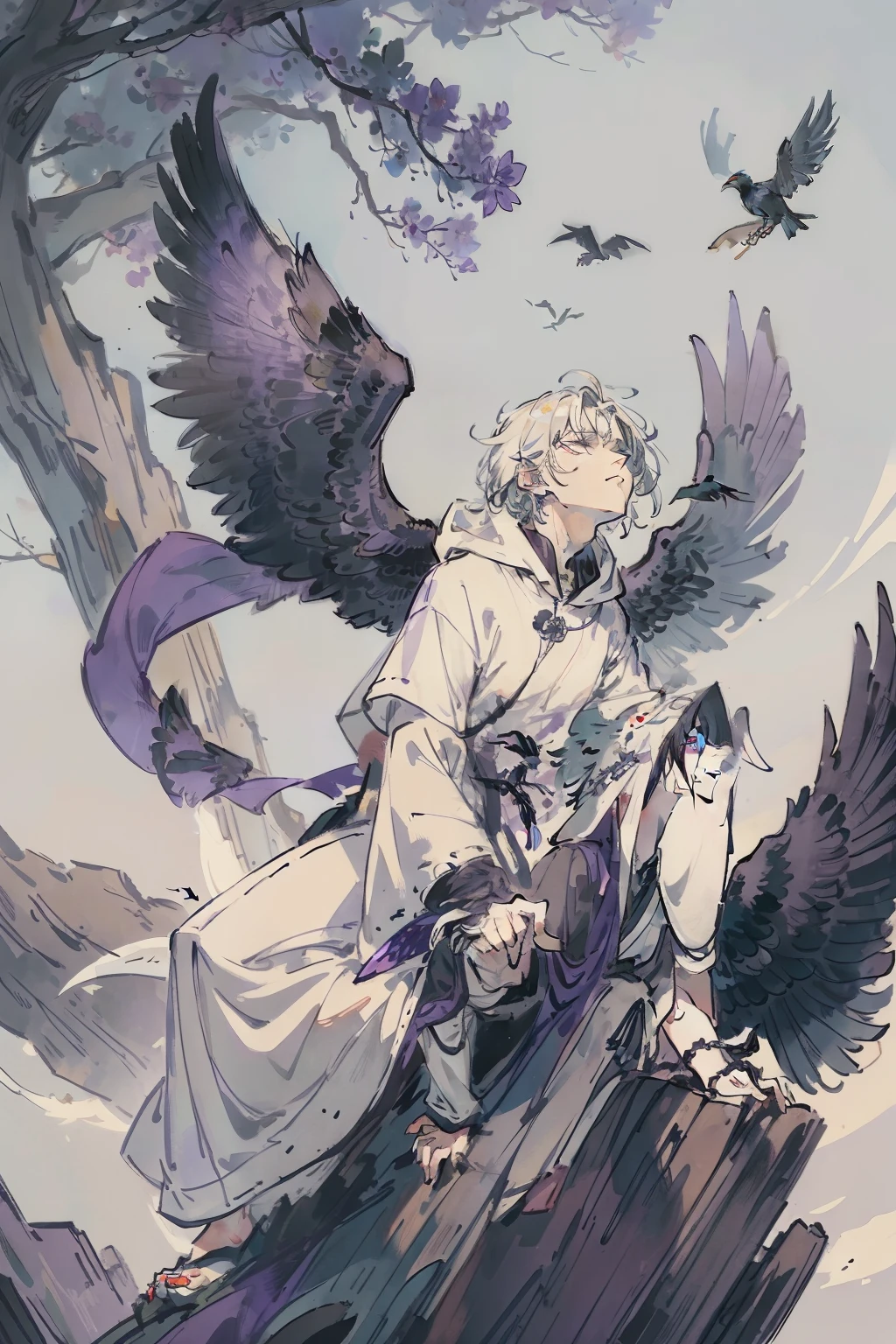 masterpiece, best quality, night, young male, short white hair, taking off bird mask, wearing hooded white robes, has dark purple wings, sitting on tree, one knee up, hand reaching ravens, looking up, crows, ravens,