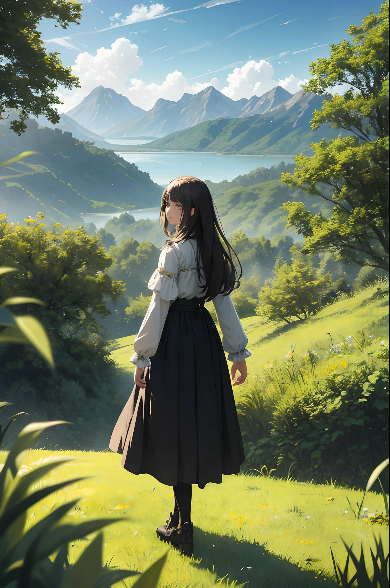 In a green meadow stands a girl leading a group of knights.
BREAK
With a brave expression, she guides them towards their destination.
BREAK
Behind her, a green forest stretches out and beyond that, mountains rise in the distance.
BREAK
The most suitable effect for this scene would be a watercolor painting technique to capture the softness of the meadow and the fluidity of the movement.