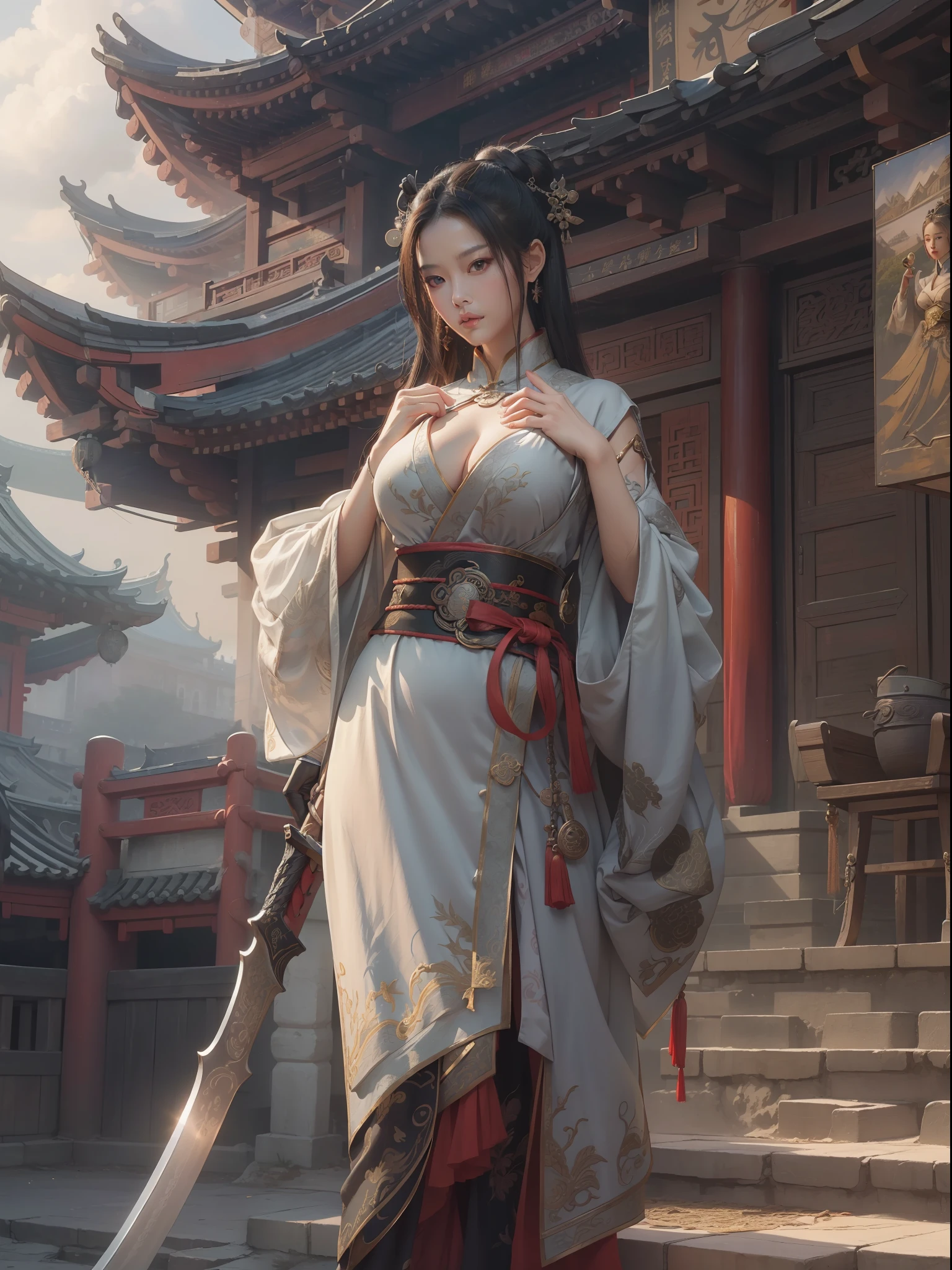 Best quality,masterpiece,ultra high res,(photorealistic:1.4),xiuxian,weapon,Detailed face,
1girl,solo,weapon,cleavage,(magic circle:1.2),xiuxian,upper body,Beautiful girl,full body,east asian architecture,sheath,architecture,