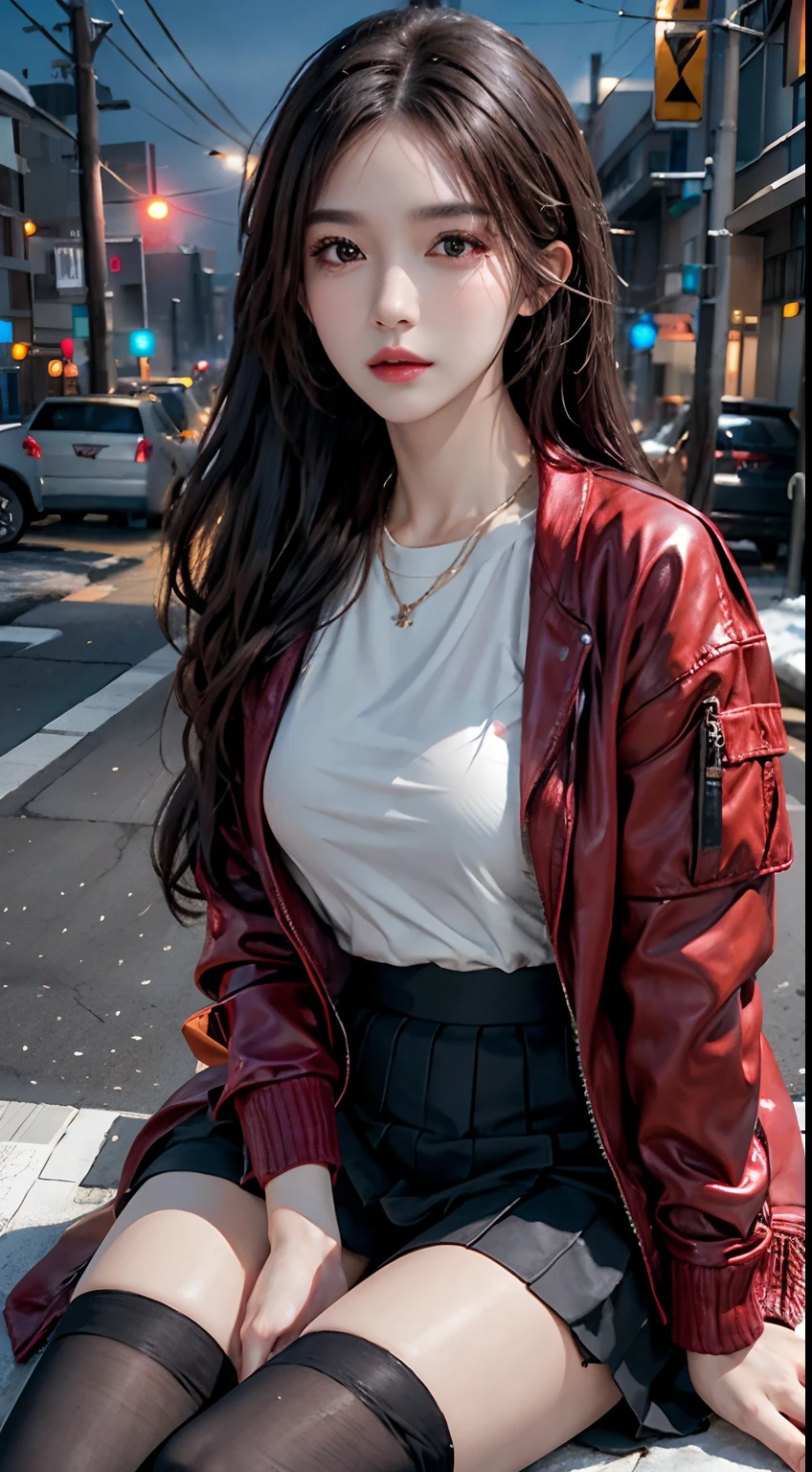 photorealistic, high resolution, 1women, solo, sitting, look at viewer, (detailed face), colorful street wear, jacket, skirt, thighhighs, tattoo, jewelry, snowy night