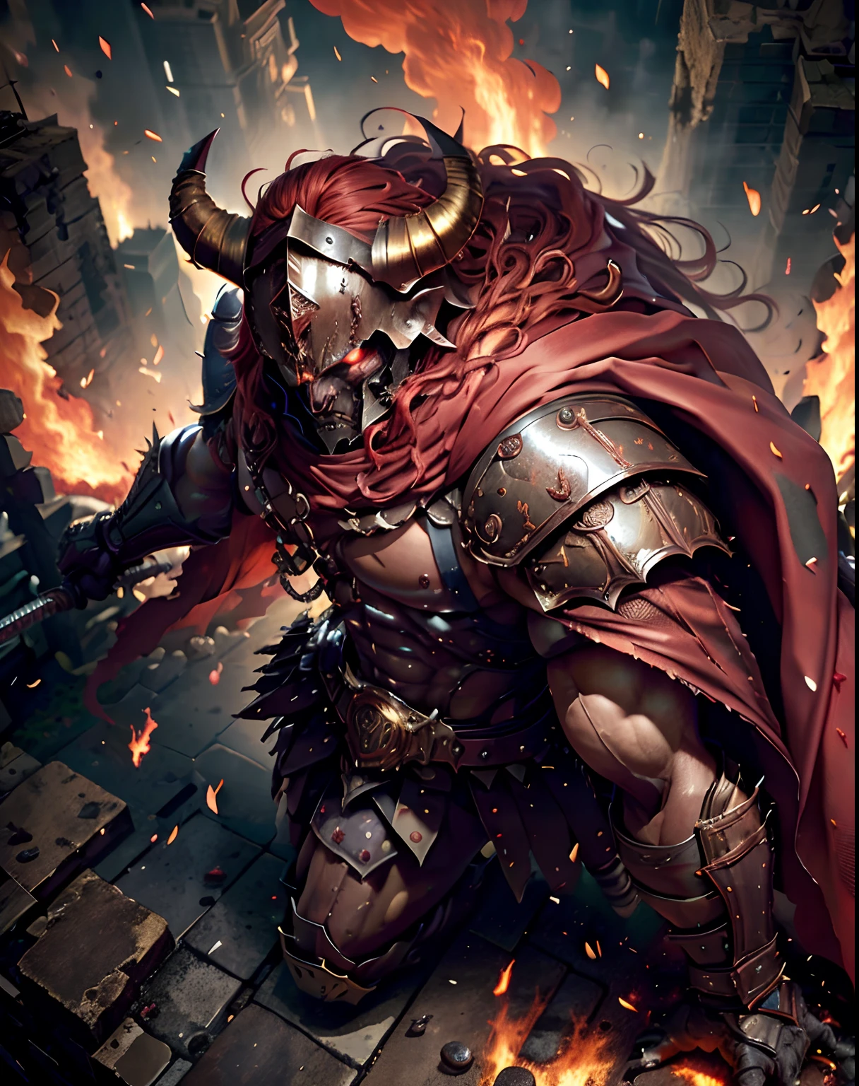 (from above:1.4), horreur, (corps entier:1.4) photo, The demon was an imposing figure, with massive muscles and huge hyper detailed hyper realistic horns sticking out of his head, dark skinned, Fourrures, (Android spare parts:1.4),
(Position de combat, dynaimc pose:1.4), extremely huge wings that were widely spread, (raise your arms to the sky), armure, arme, Bouclier gigantesque, Cap rouge, and his eyes were fiery red, Burning in hell,Ville en ruine, explosion, r1ge,
(Masterpiece,Best quality, realistic detail:1.4)