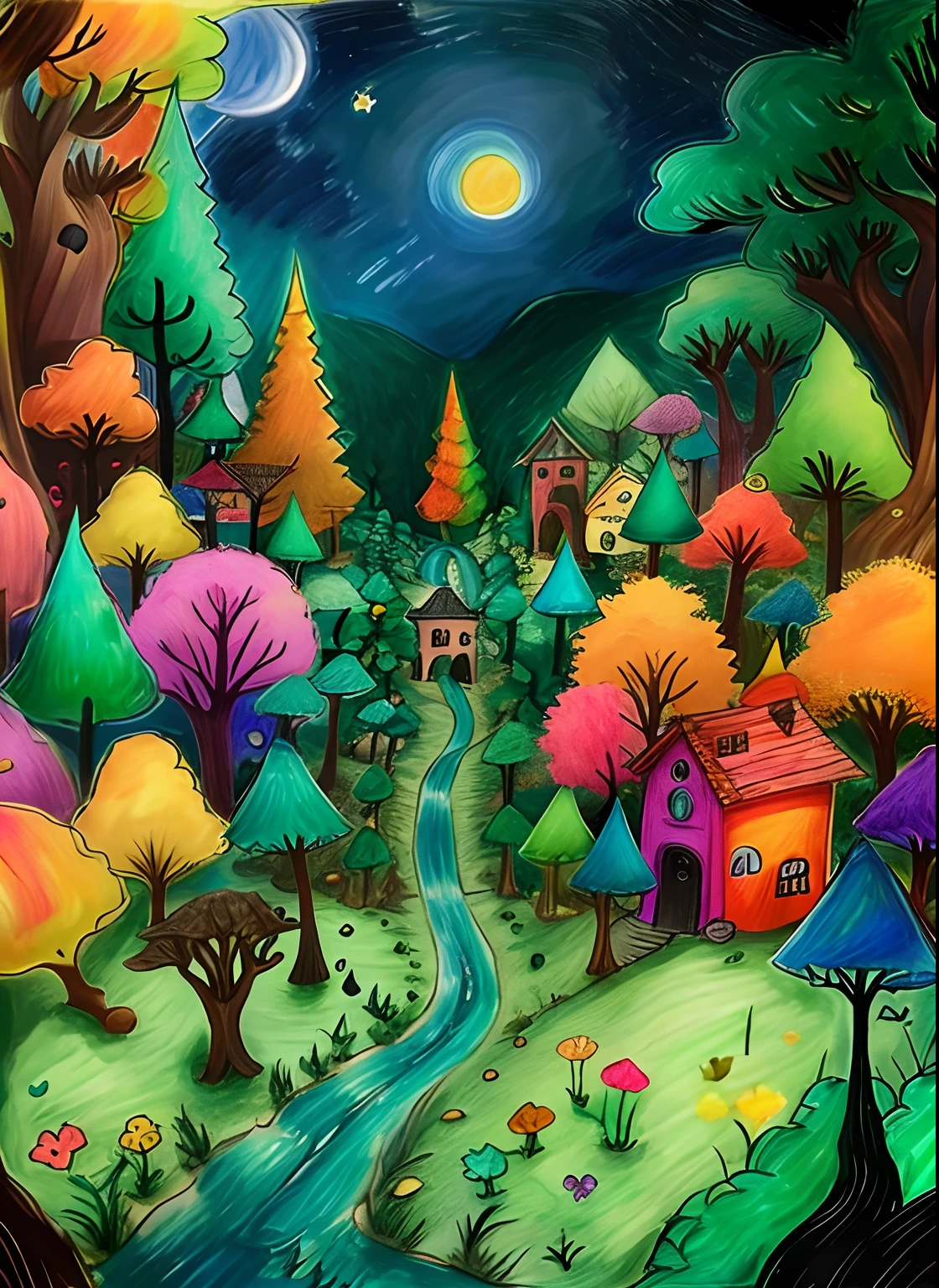 Presentation of the village surrounded by an enchanted forest.Luna, uma menina curiosa de 8 anos apaixonada por cores.