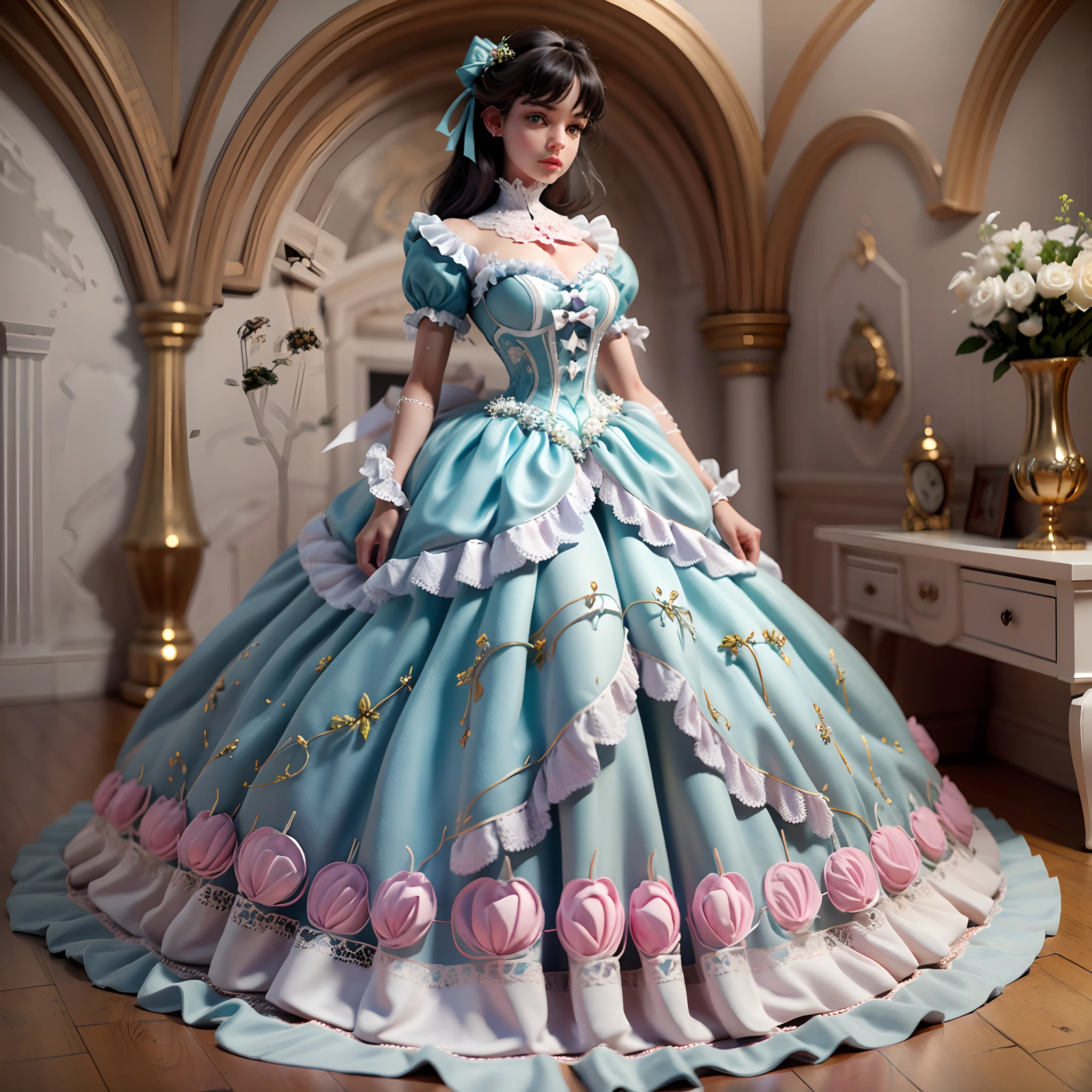 best quality, masterpiece, best definition, artwork, super detailed, many details, details, detailed, woman, 20 years, full body, full body, ball gown, super detailed dress, long dress, dress with many ruffles, dress with many bows, pink bows, victorian dress, detailed victorian dress, victorian dress with bows, pink, ruffles, many ruffles, very bulky dress,  light blue dress, dress with ruffles, bows, many bows, woman, full body, black hair.