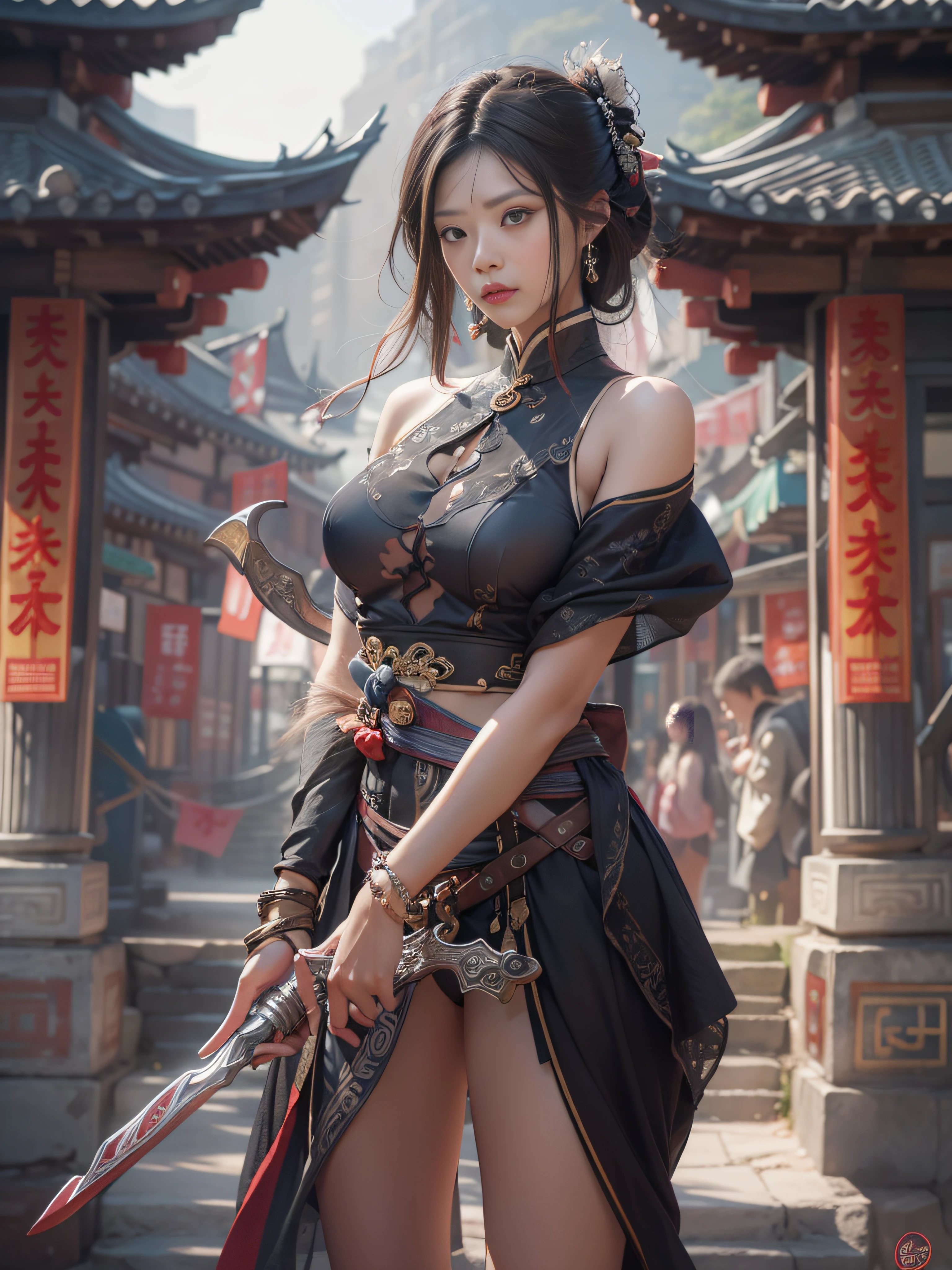 Best quality,masterpiece,ultra high res,(photorealistic:1.4),xiuxian,weapon,Detailed face,
1girl,solo,weapon,cleavage,(magic circle:1.2),xiuxian,upper body,Beautiful girl,full body,east asian architecture,sheath,architecture,