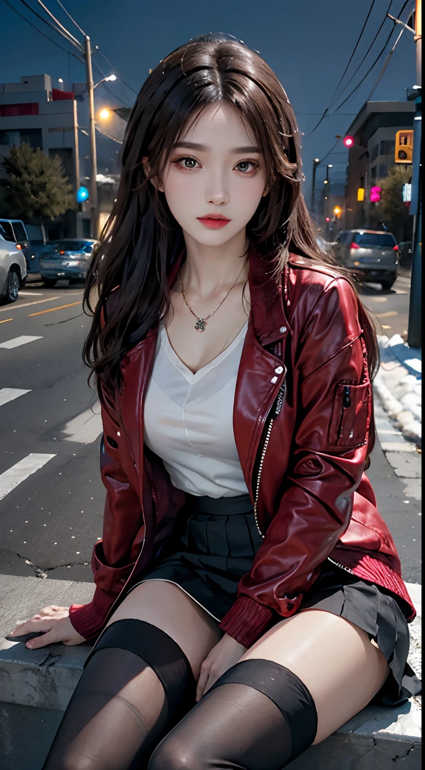 photorealistic, high resolution, 1women, solo, sitting, look at viewer, (detailed face), colorful street wear, jacket, skirt, thighhighs, tattoo, jewelry, snowy night