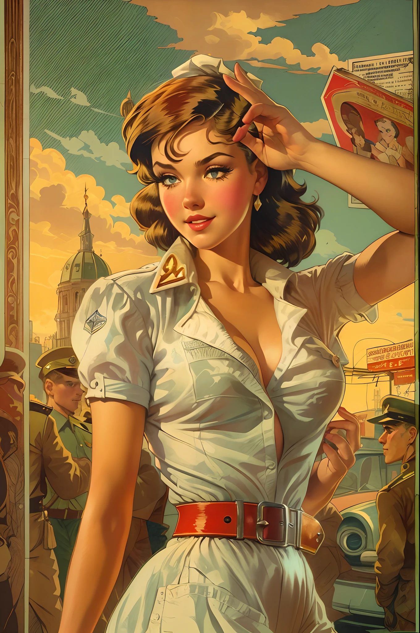 (isabelmoner-smf, dora: 0.9), (ussr: 1.2), Romantic promenade, Evening sunset, Soviet satirical poster , in the style of Pin Up, higly detailed, Complicated details, Gil Elvgren's style, Artgerm and Gil Elvgren,Colorful pin-up art, Gill Elvgren, (realist in the style of David Barnett · Newton Hellmuth · Yuriy Arkurs ), vintage, 50 mm