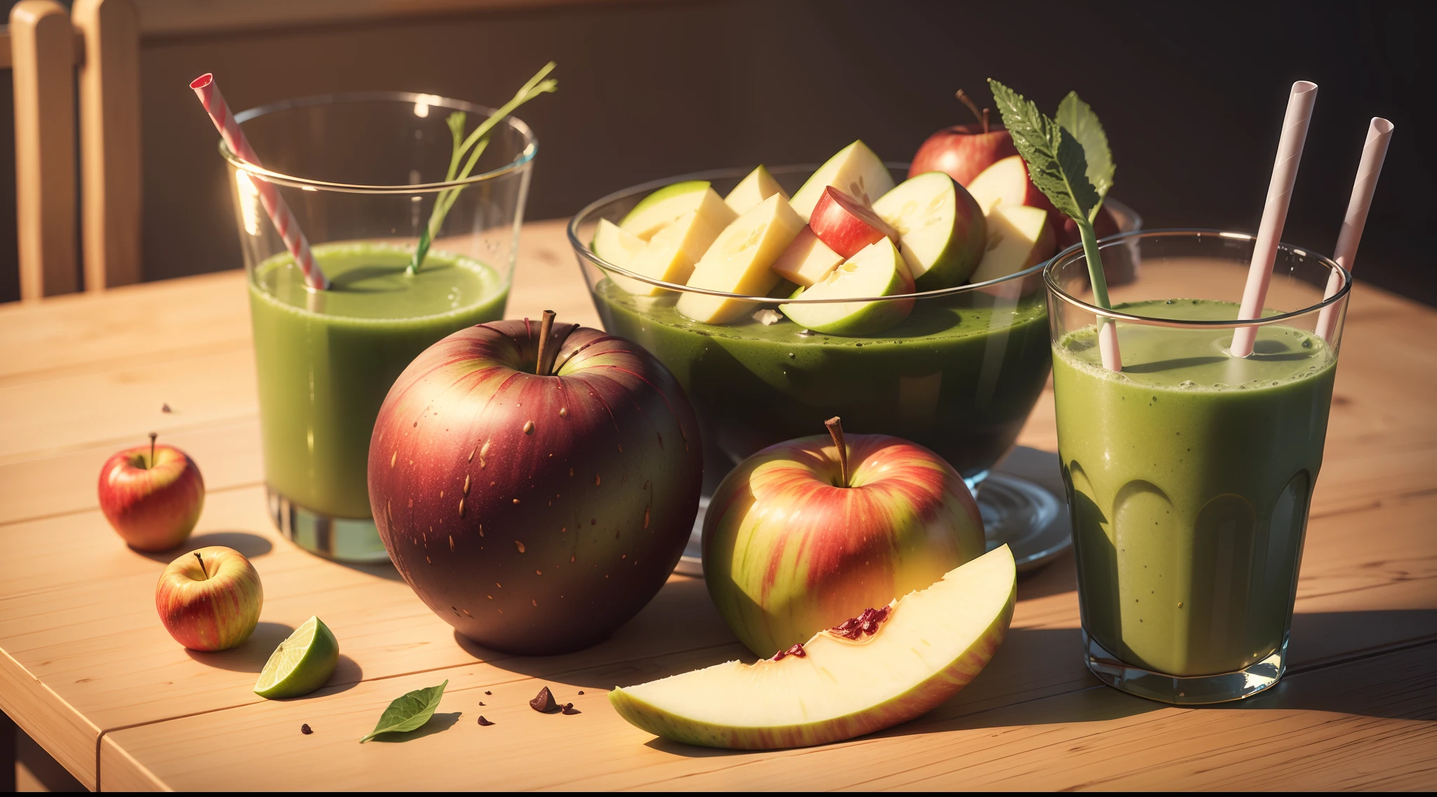 A messy table filled with junk food contrasted with a healthy green smoothie and apple, split digital art
