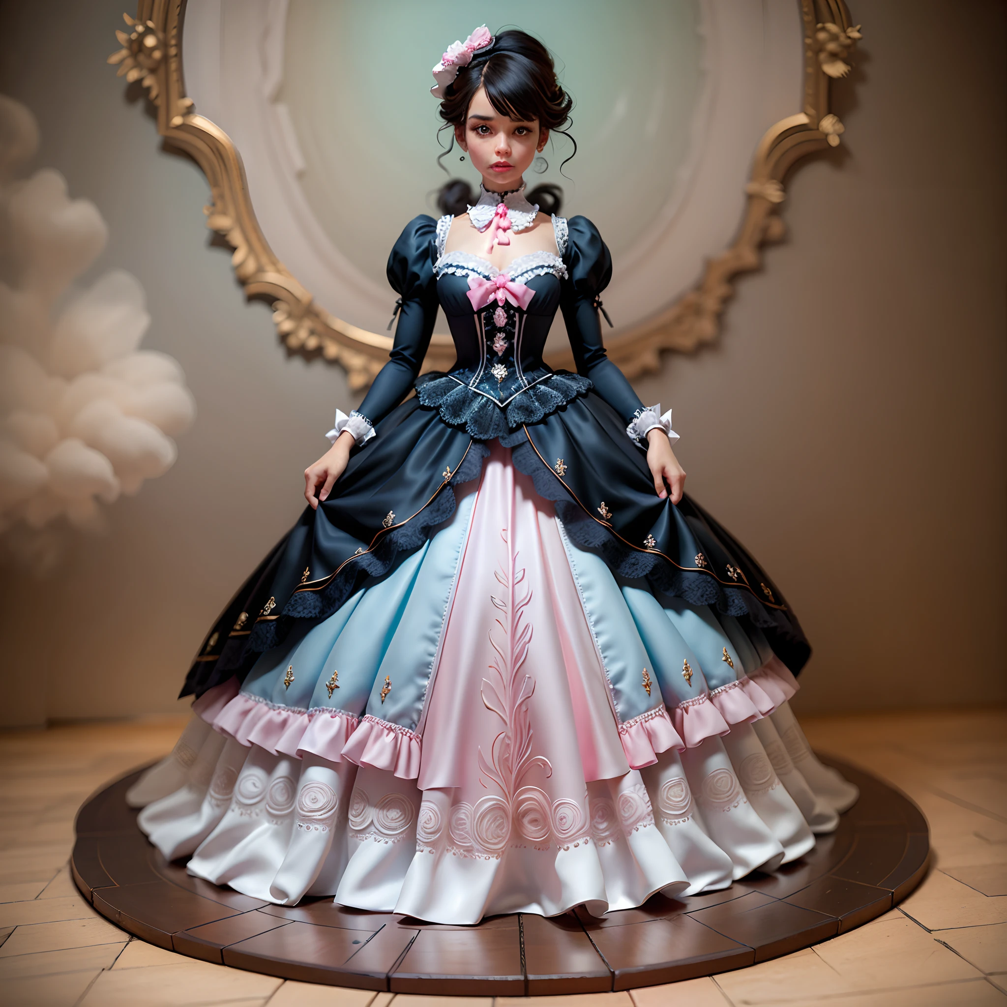 best quality, masterpiece, best definition, artwork, super detailed, many details, details, detailed, woman, 20 years, full body, full body, ball gown, super detailed dress, long dress, dress with many ruffles, dress with many bows, pink bows, victorian dress, detailed victorian dress, victorian dress with bows, pink, ruffles, many ruffles, very bulky dress,  light blue dress, dress with ruffles, bows, many bows, woman, full body, black hair.