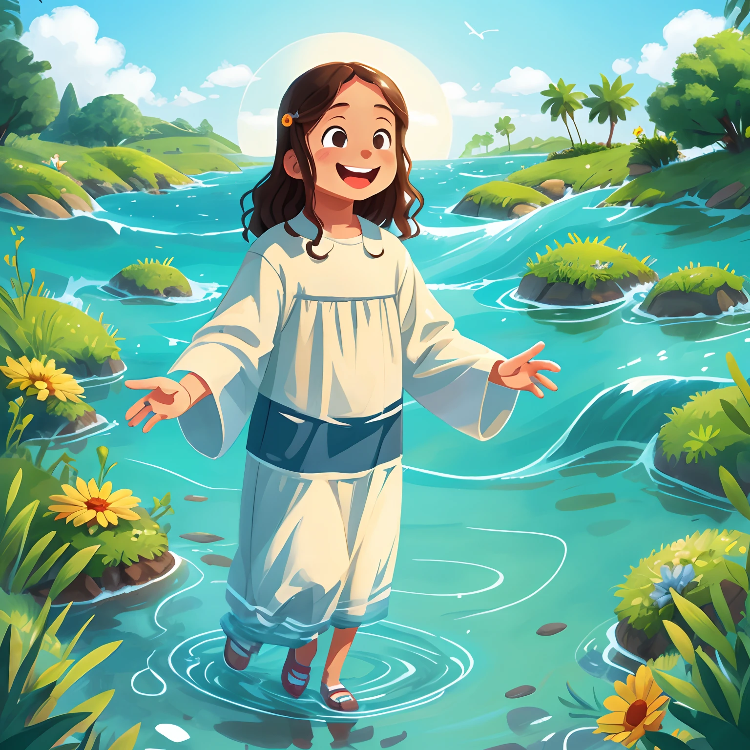 Create an image of Jesus Kids walking on water, with a quiet smile on his face,