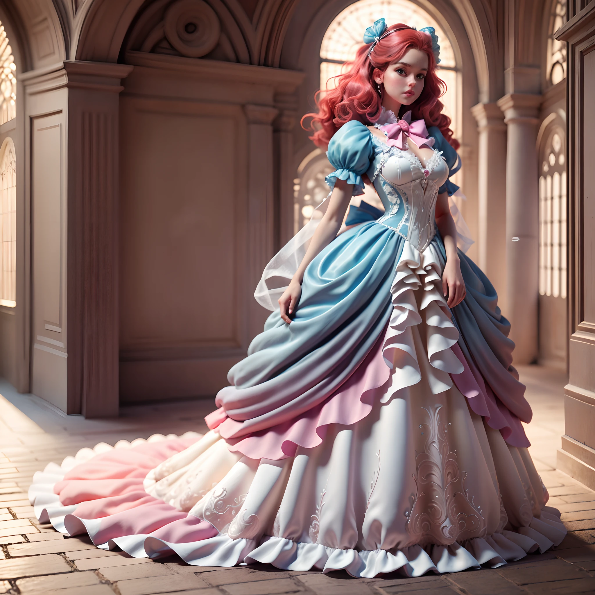 best quality, masterpiece, best definition, artwork, super detailed, many details, details, detailed, woman, 20 years, full body, full body, ball gown, super detailed dress, long dress, dress with many ruffles, dress with many bows, pink bows, victorian dress, detailed victorian dress, victorian dress with bows, pink, ruffles, many ruffles, very bulky dress, light blue dress, dress with ruffles, bows, many bows, woman, full body, red hair.