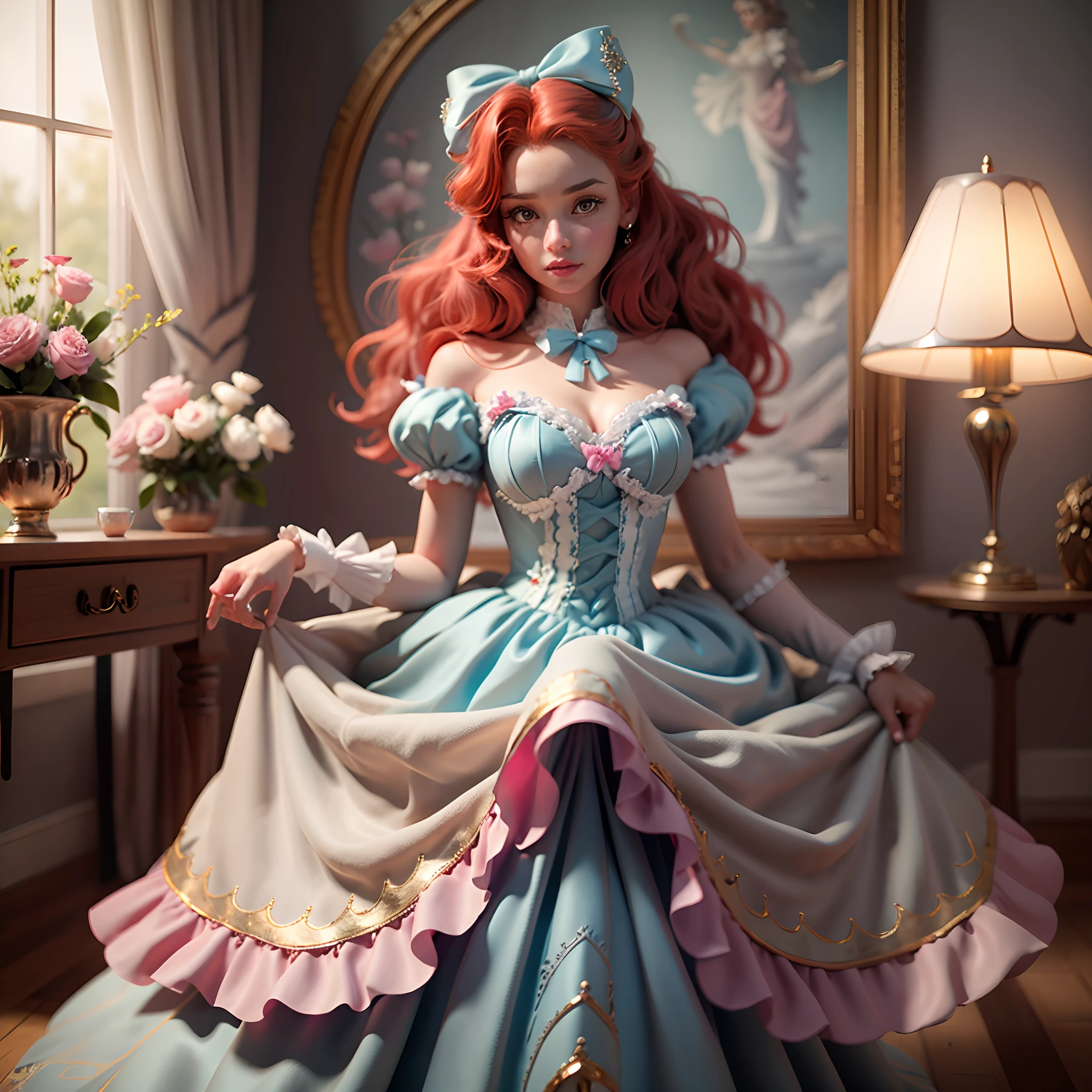 best quality, masterpiece, best definition, artwork, super detailed, many details, details, detailed, woman, 20 years, full body, full body, ball gown, super detailed dress, long dress, dress with many ruffles, dress with many bows, pink bows, victorian dress, detailed victorian dress, victorian dress with bows, pink, ruffles, many ruffles, very bulky dress,  light blue dress, dress with ruffles, bows, many bows, woman, full body, red hair.