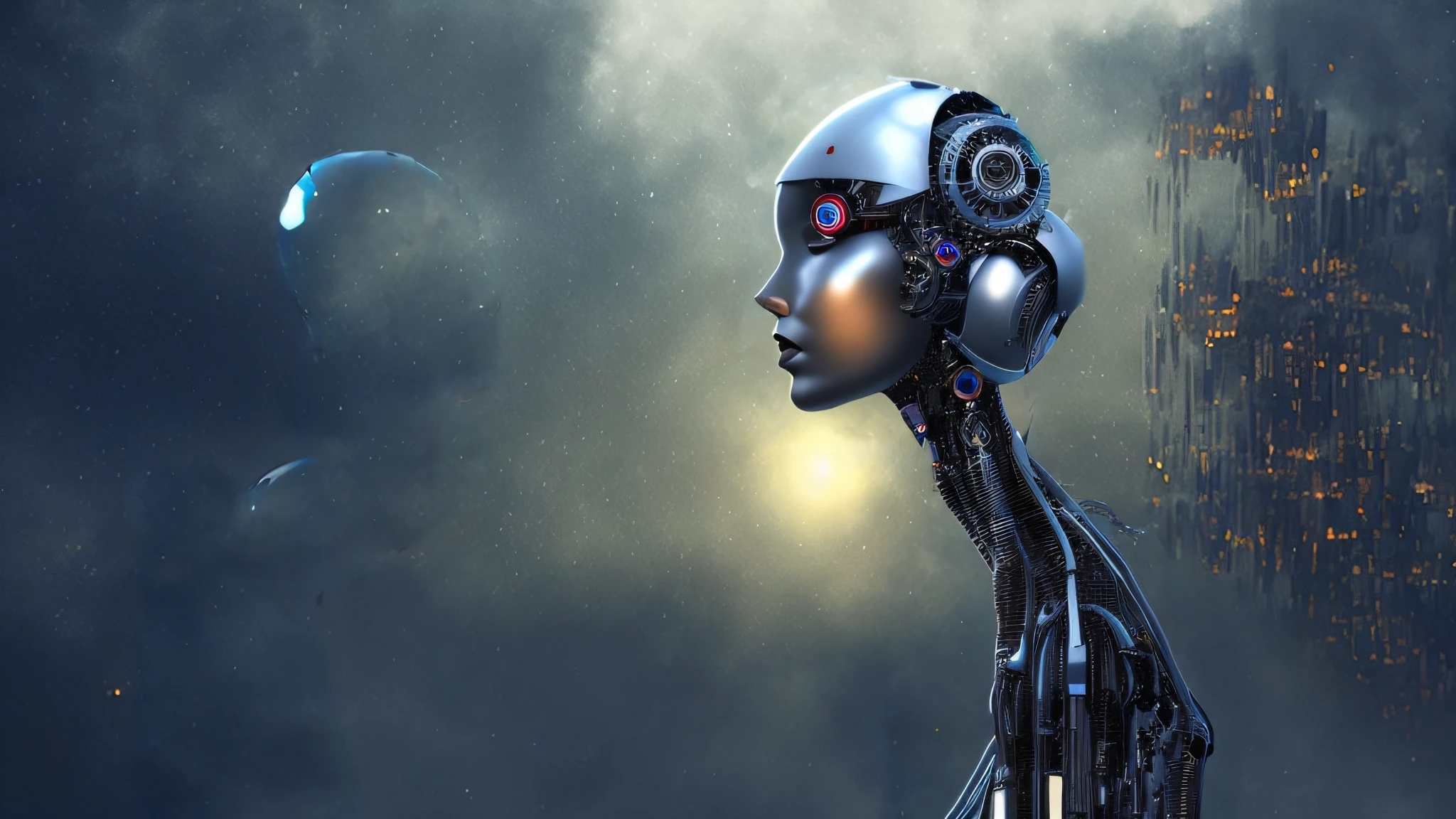 Androide feminino de perfil, rosto aterrorizado, capacete de metal, metal parts on the face, pele marmorizada em tom de pele, robot body trunk, foto realista, finos detalhes, olhar de medo da androide