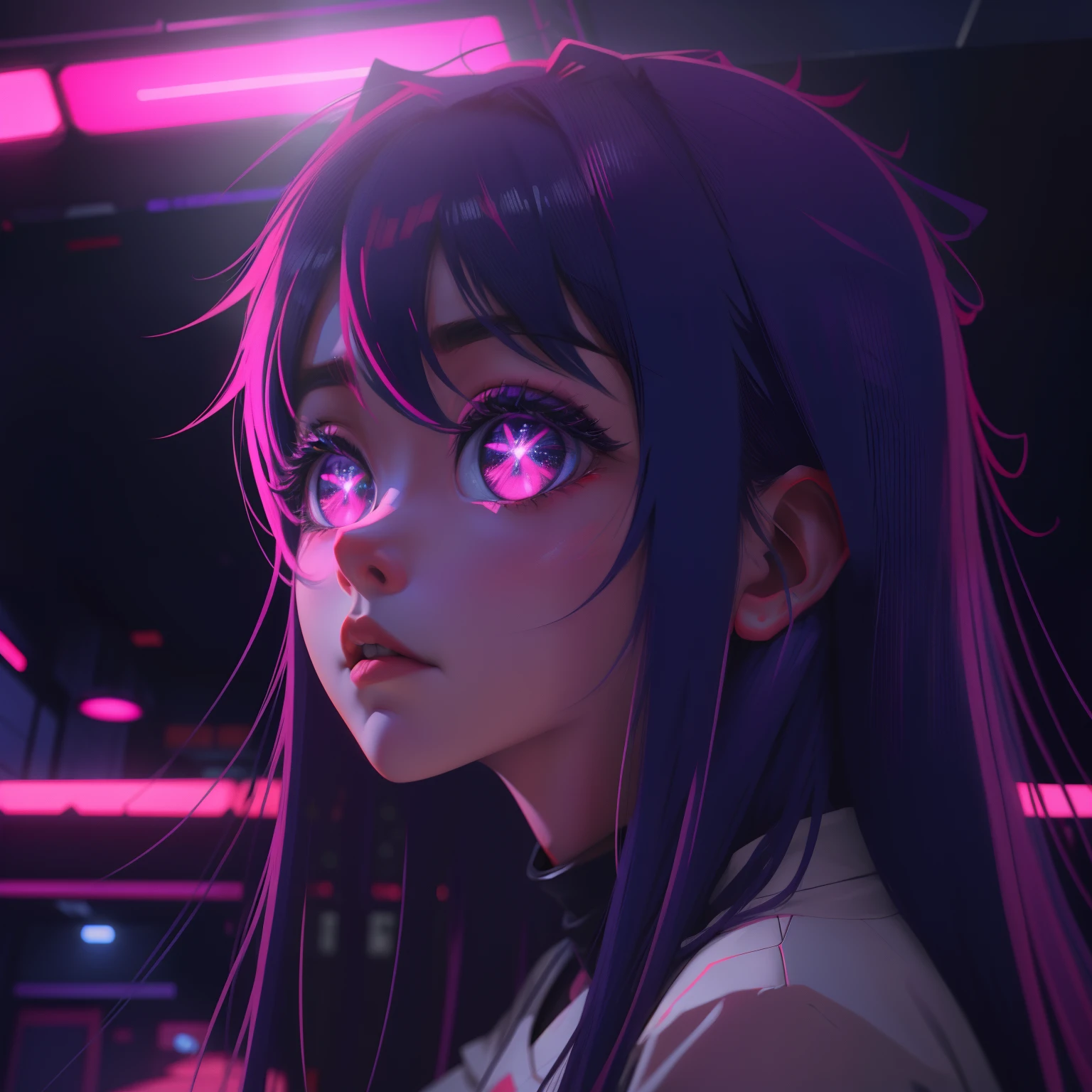 Garota fofa estilo anime, kawai, olhos neons tons roxo e rosa, segurando um pirulito redondo colorido neon roxo e rosa, cyberpunk luzes neon roxo e rosa, olhos brilhantes, cabelo curto branco platinado neon, fundo azul e rosa. Neon, kawai, linda e fofa coreana, beautiful realistic design.