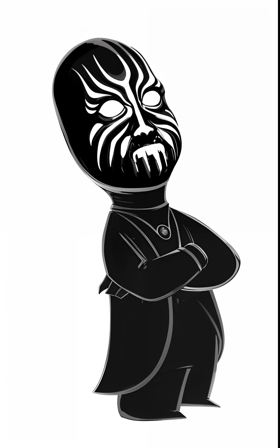 um close up de uma figura de desenho animado com um rosto preto e branco, villain pose, menacing pose, Ghosthulk branco, palpatina, Scary black figure standing, in a menacing pose, evil pose, Jar Jar Binks como um Lorde Sith, mal posou, Retrato de um Mind Flayer, sorriso nefasto