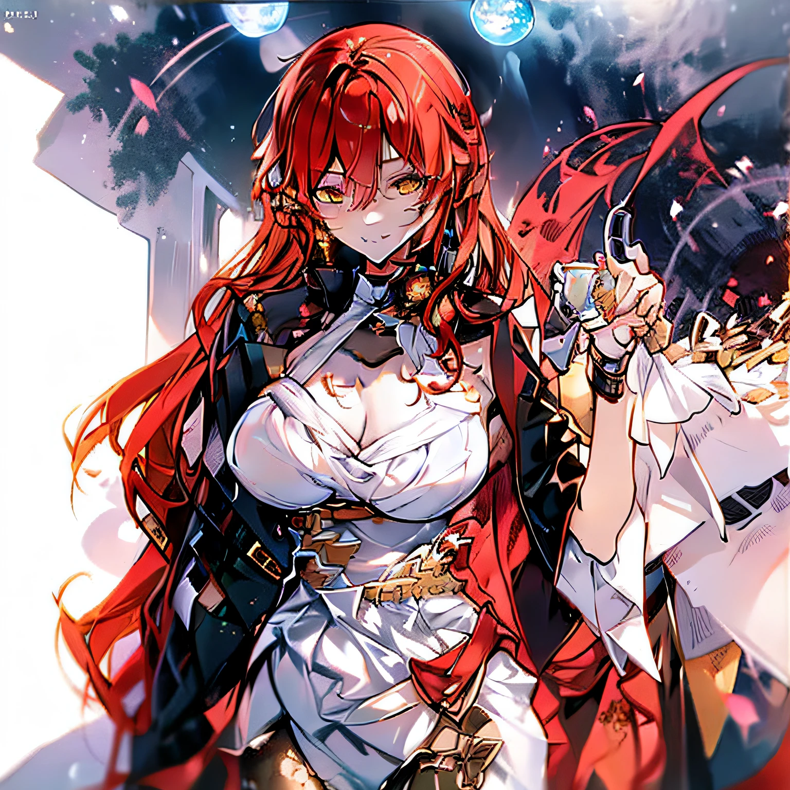 Young woman between 20 years old, long red hair orange eyes, sharp teeth, simple clothing, dragon ear, dragon horn, big chest, dragon eyes, dragon skin