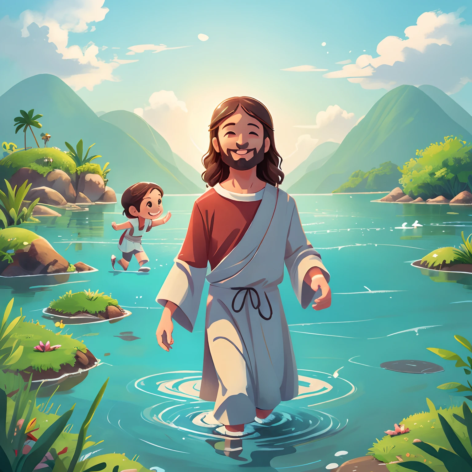 Create an image of Jesus Kids walking on water, with a quiet smile on his face,