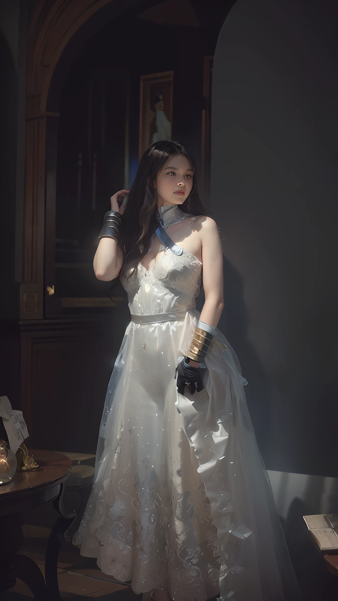 Hyperrealist portrait of female by david hockney and alphonse mucha,fantasy art, photo realistic, dynamic lighting, artstation, poster, volumetric lighting, very detailed faces, 4 k, award winning,, 1girl, in the dark, deep shadow, low key,cowboy shot,(official clothing:1.4) ,long hair,white hair,
