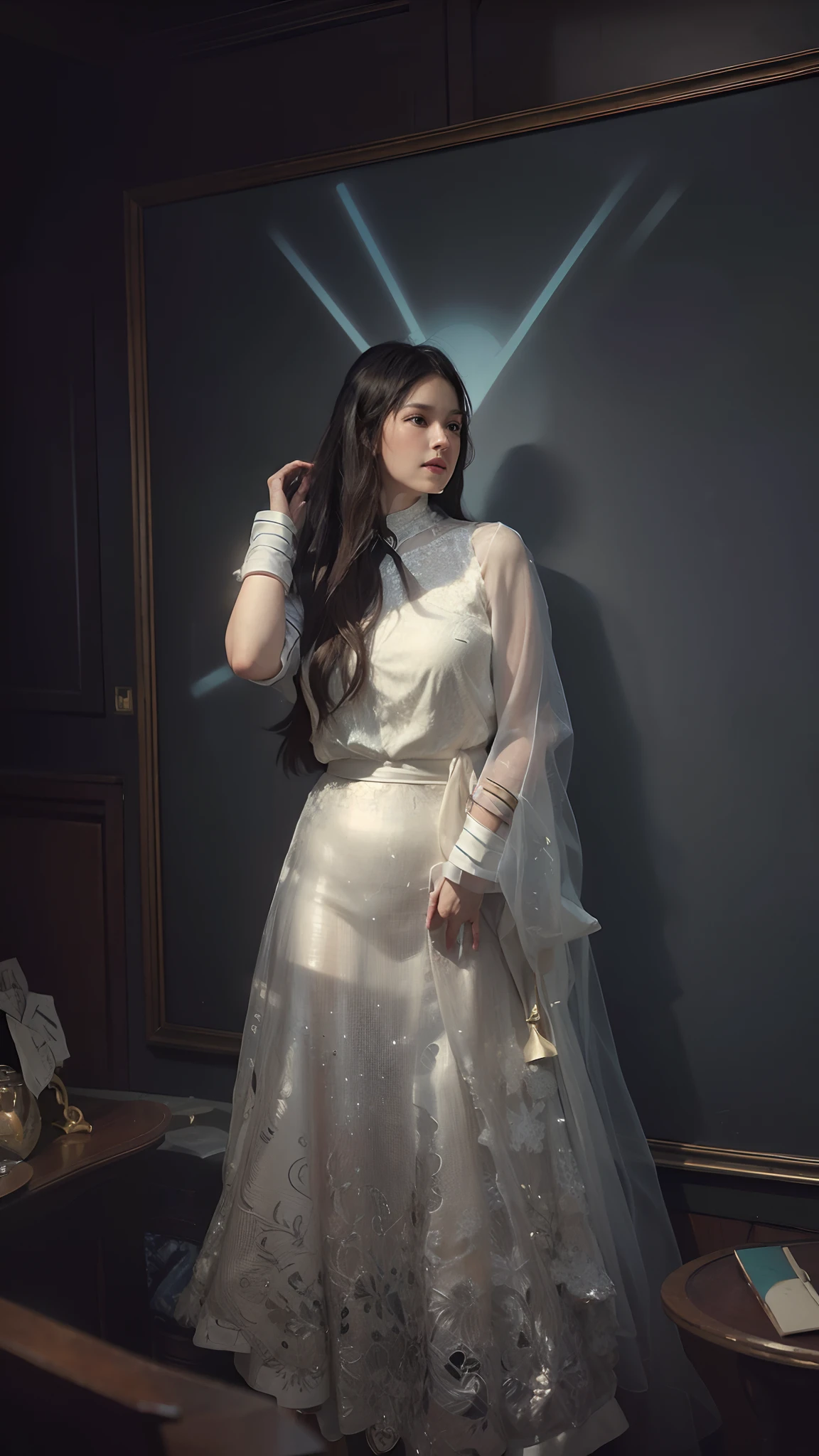 Hyperrealist portrait of female by david hockney and alphonse mucha,fantasy art, photo realistic, dynamic lighting, artstation, poster, volumetric lighting, very detailed faces, 4 k, award winning,, 1girl, in the dark, deep shadow, low key,cowboy shot,(official clothing:1.4) ,long hair,white hair,