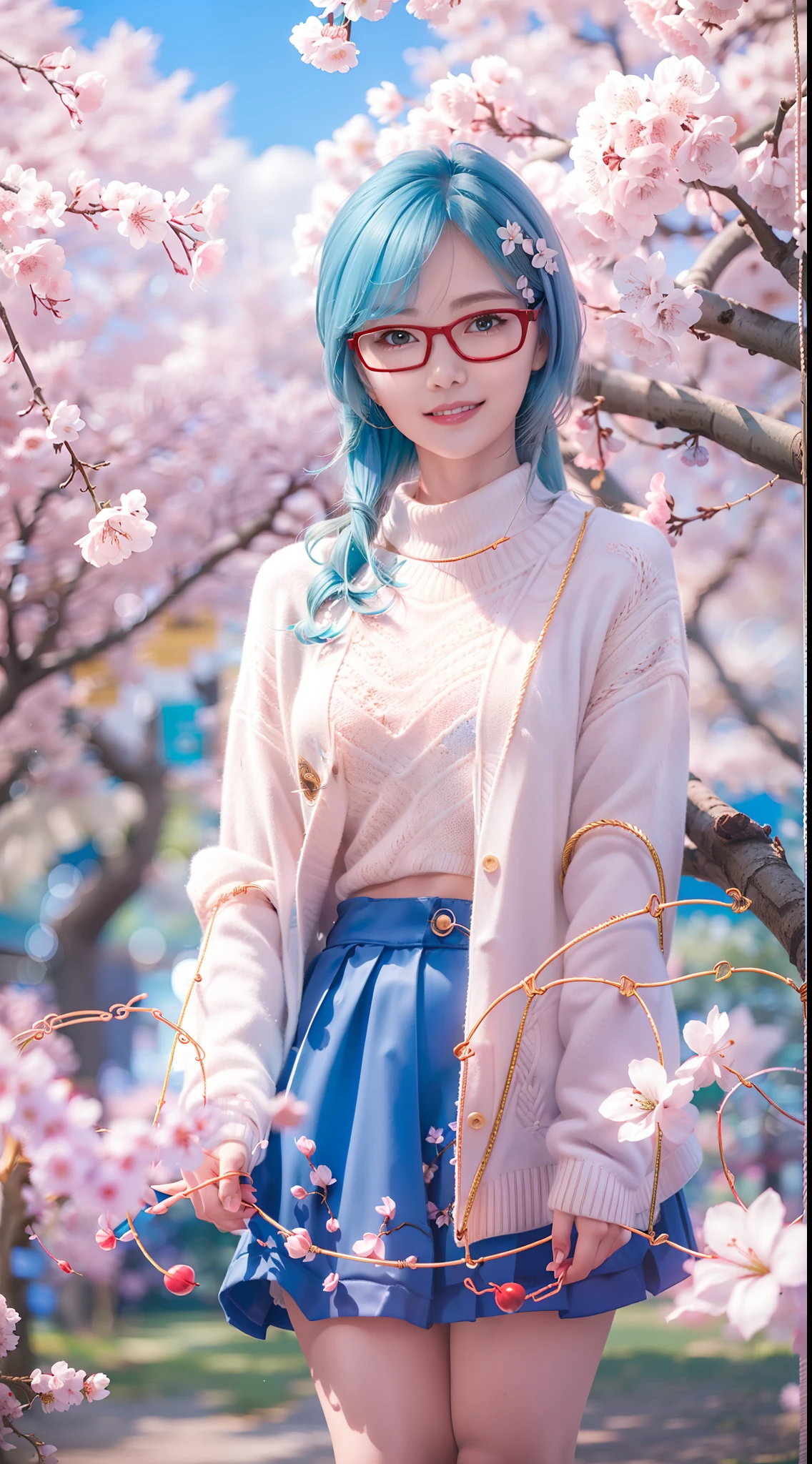 (blue  hair+Small pink flowers:1.3+Big red eyes+gold-wire glasses:1.2+Intellectual beauty:1.1)，White sweater，blackstockings，Under the blooming cherry blossom trees