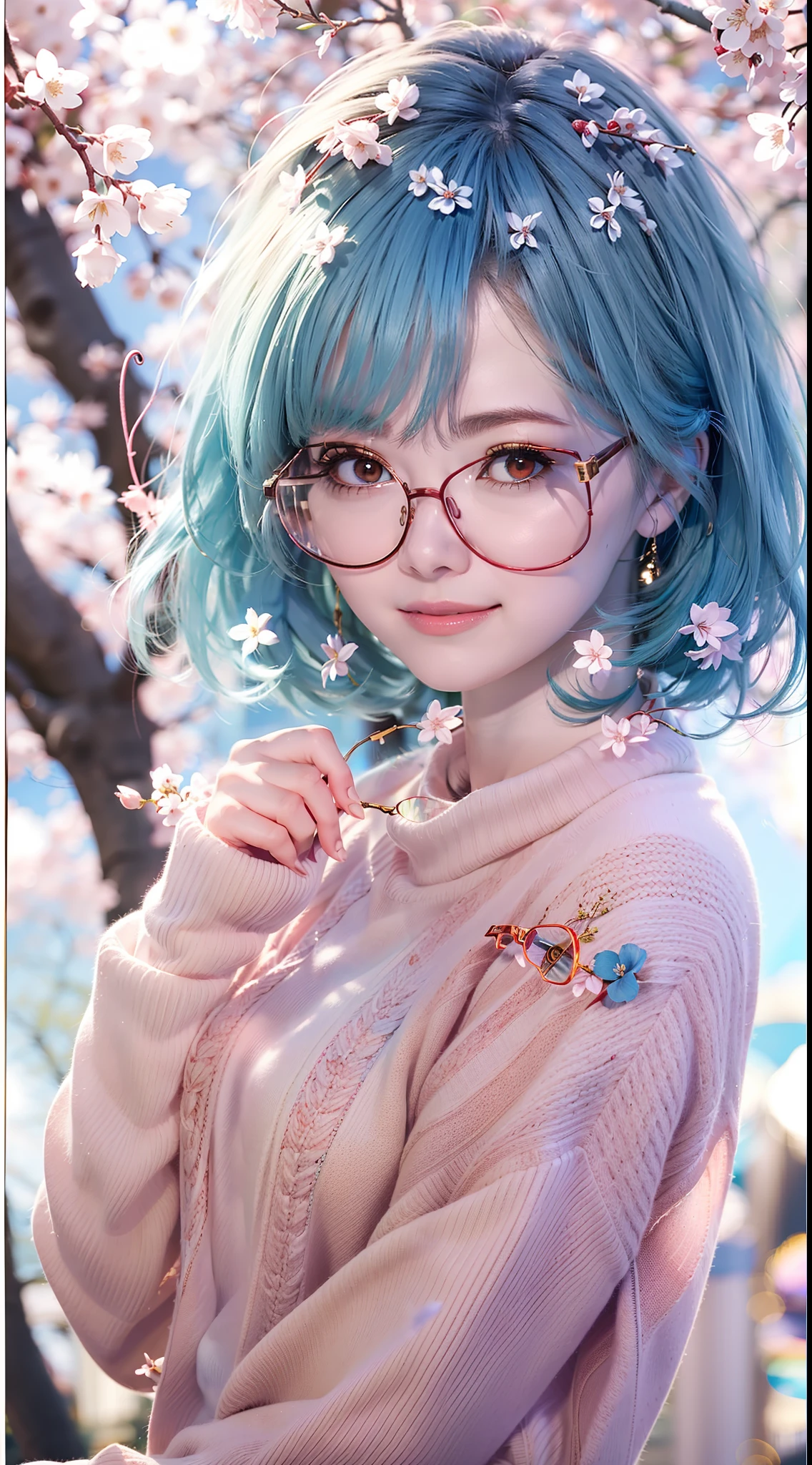 (blue  hair+Small pink flowers:1.3+Big red eyes+gold-wire glasses:1.2+Intellectual beauty:1.1)，White sweater，blackstockings，Under the blooming cherry blossom trees