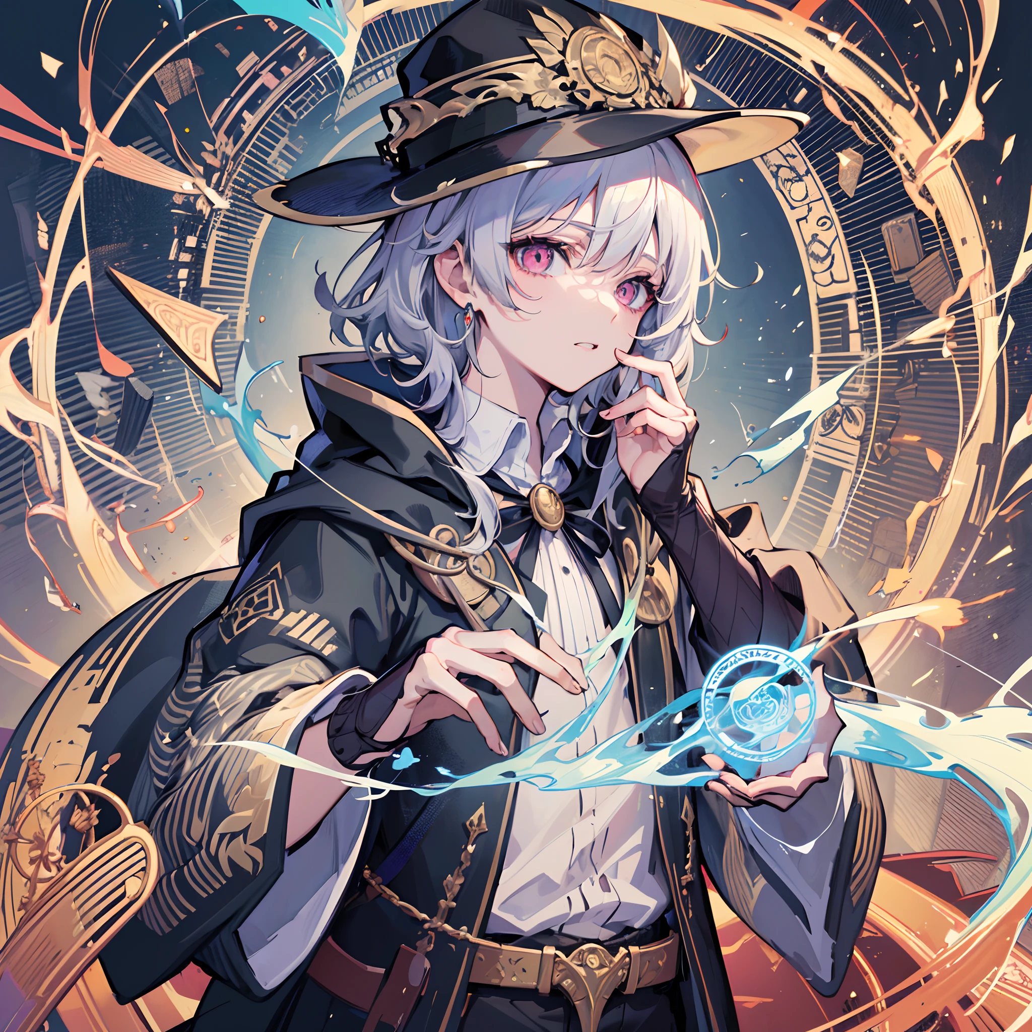 (absurdres, highres, ultra detailed),(Masterpiece, best quality:1.2),1boy, wearing magician robes, casting a wide variety of spells, surrounded by magic circles, powerful, fantasy, highest quality digital art, highest resolution, absolutely stunning art, extremely detailed,