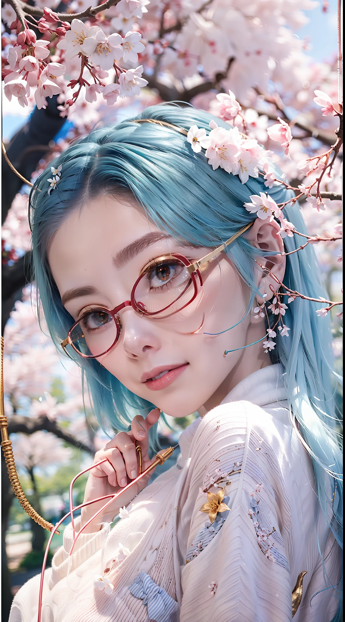 (blue  hair+Small pink flowers:1.3+Big red eyes+gold-wire glasses:1.2+Intellectual beauty:1.1)，White sweater，blackstockings，Under the blooming cherry blossom trees