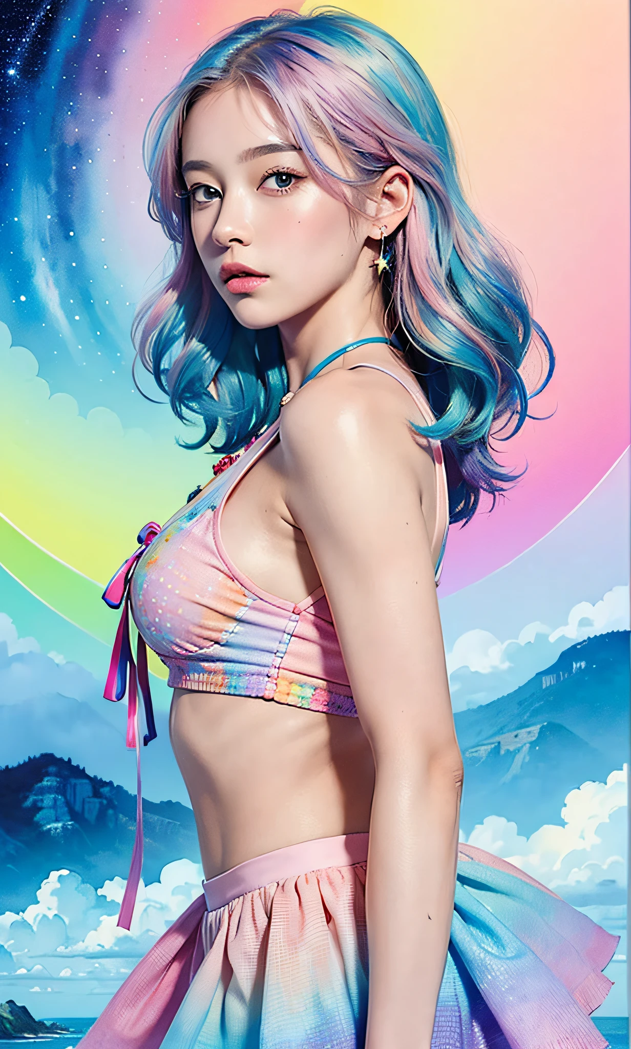 (masterpiece, top quality, best quality,watercolor (medium),official art, beautiful and aesthetic:1.2),(1girl:1.3), (fractal art:1.3),upper body, from side, looking at viewer,patterns,(rainbow color Hair,colorful hair,half blue and half pink hair:1.2),water,liquid, cloud,colorful, starry,stars,