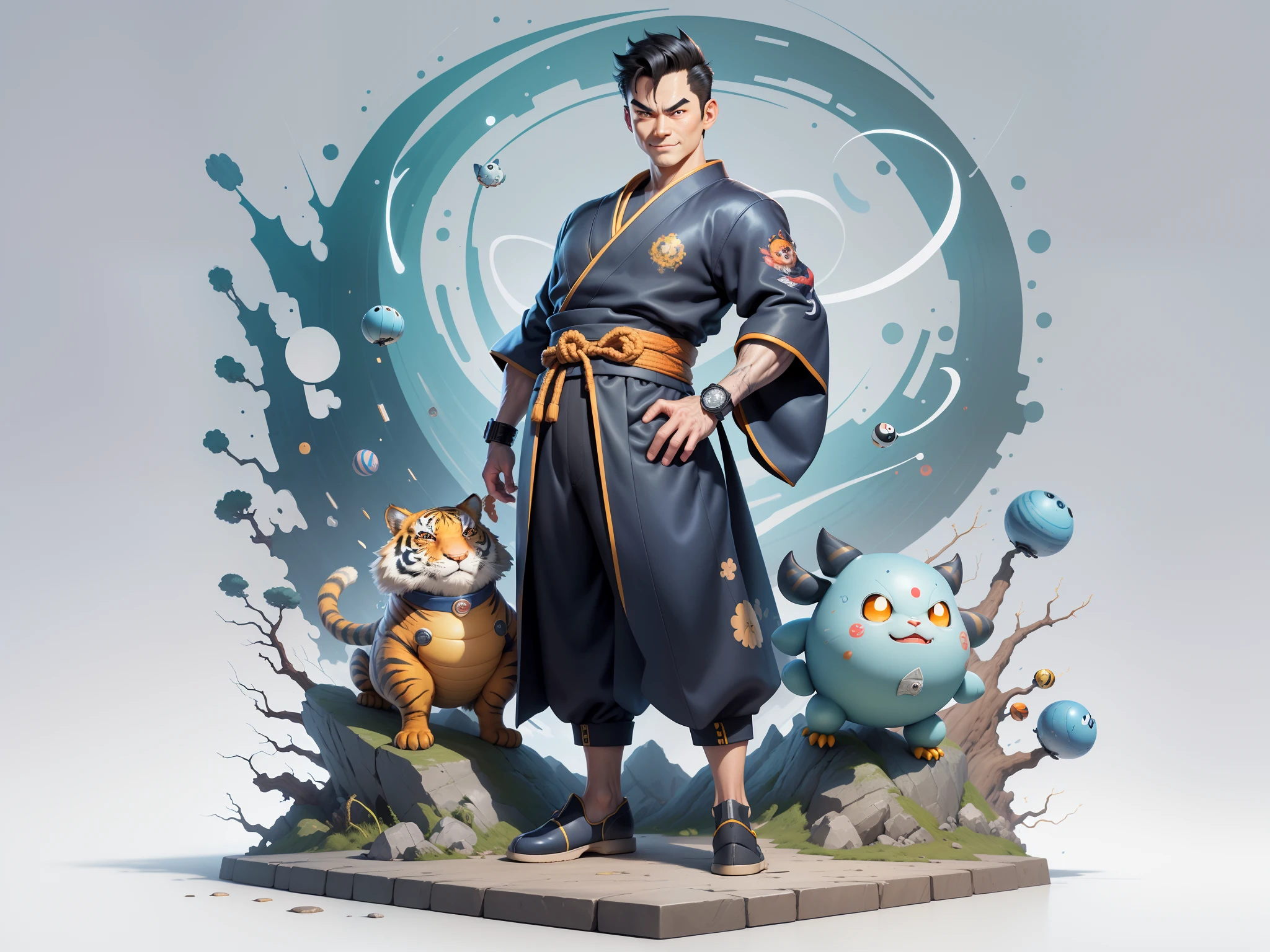 (Masterpiece), (Excellent), (Super Meticulous), (Full Body: 1.2), Super Young Man, Oriental Face, Japanese Kimono, Japanese Wind Thunder God, Dragon, Tiger, TV Anchor, Bust Portrait Illustration, Alone, Black Suit, Blue Tie, Slightly Chubby Face, Very Clean Face, No Beard, Black Super Short Hair, Black Eyes, Confident Smile, 3c Computer Sub-Products, iPad, iPhone, Digital Painting, 3D Character Design by Akira Toriyama and Mark Claireden and Pixar and Hayao Miyazaki, The illustration is a high-definition illustration in 4K resolution with very detailed facial features and cartoon-style visuals.