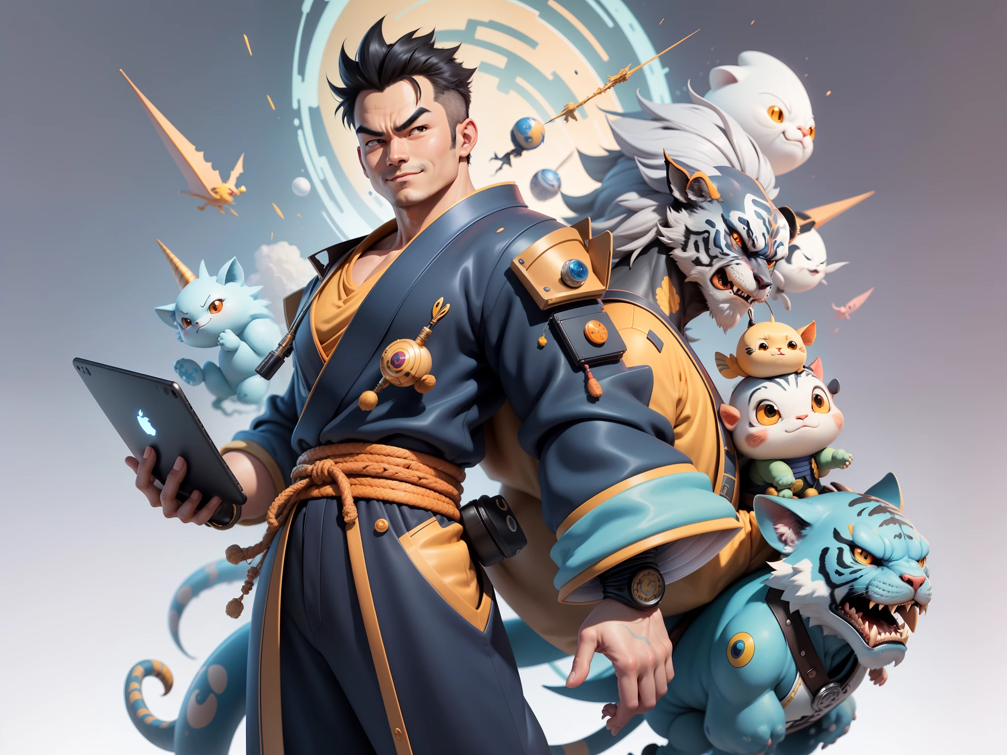 (Masterpiece), (Excellent), (Super Meticulous), (Full Body: 1.2), Super Young Man, Oriental Face, Japanese Kimono, Japanese Wind Thunder God, Dragon, Tiger, TV Anchor, Bust Portrait Illustration, Alone, Black Suit, Blue Tie, Slightly Chubby Face, Very Clean Face, No Beard, Black Super Short Hair, Black Eyes, Confident Smile, 3c Computer Sub-Products, iPad, iPhone, Digital Painting, 3D Character Design by Akira Toriyama and Mark Claireden and Pixar and Hayao Miyazaki, The illustration is a high-definition illustration in 4K resolution with very detailed facial features and cartoon-style visuals.