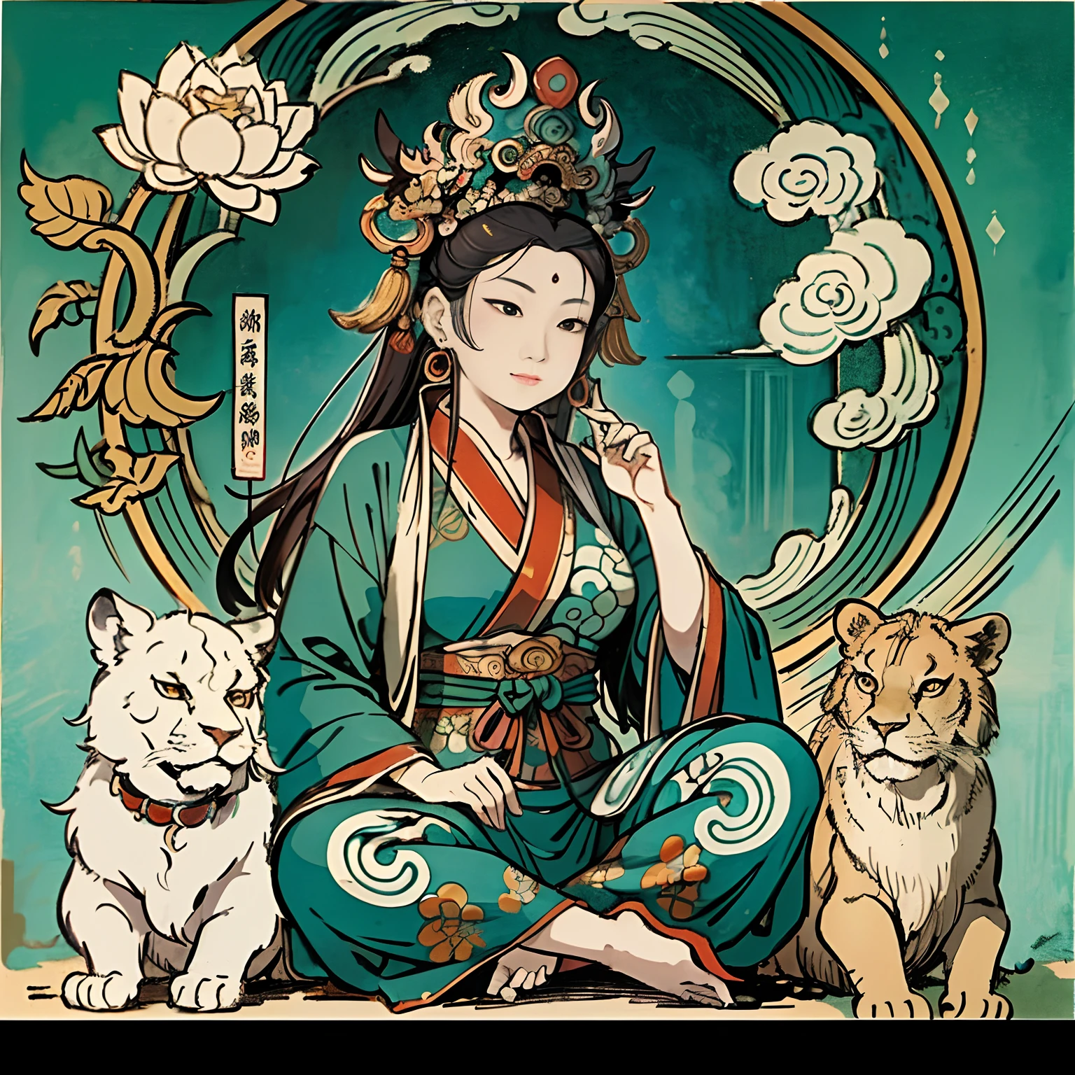 an ancient Chinese goddess, guanyin of the southern seas, Guanyin, Inspired by India, Avalokiteshvara rides a lion,,Serene expression,shui mo hua,Buddha,Buddhist,Lotus,Chinese painting style,Thangka style