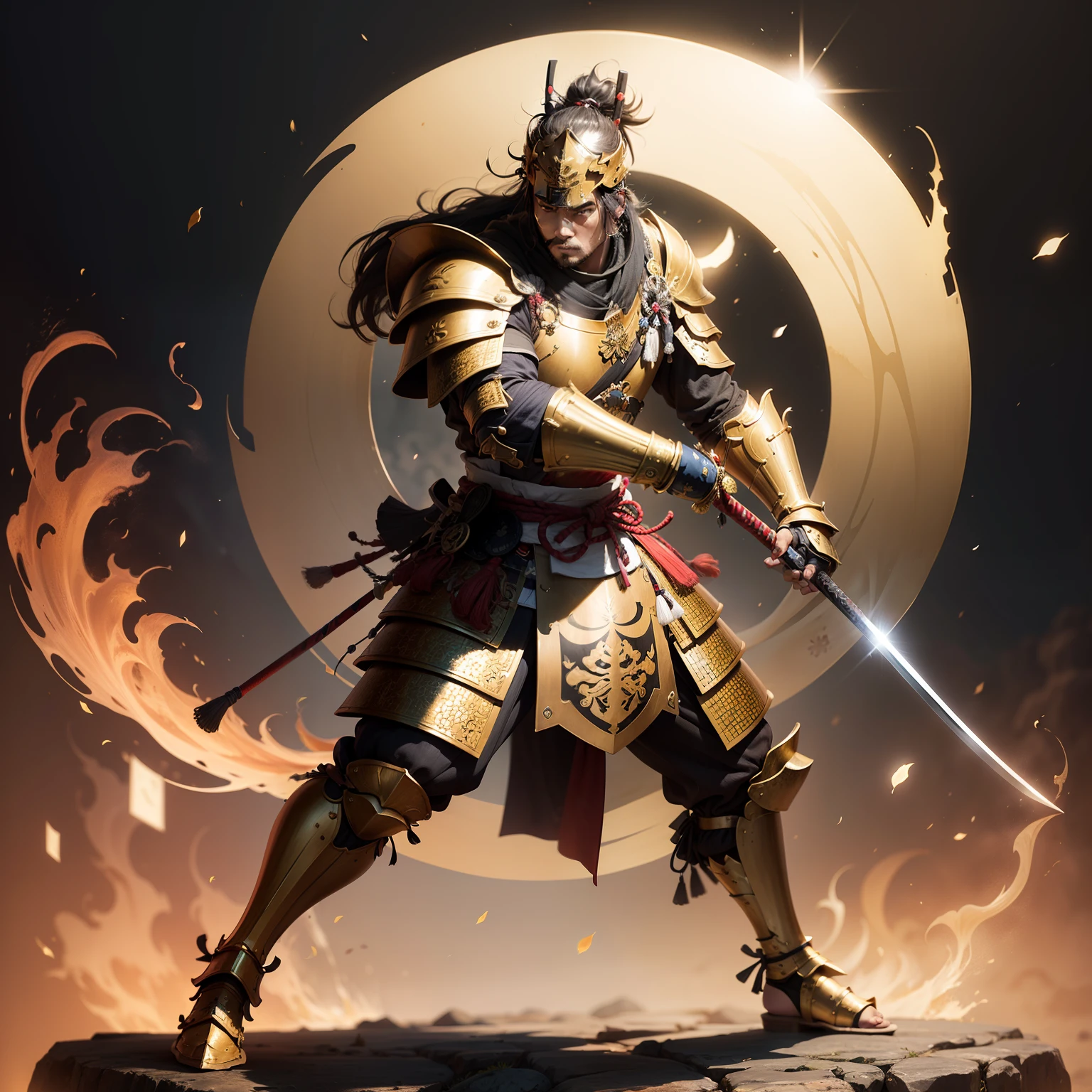 Full-bodied samurai with golden armor of the knights of the zodiac