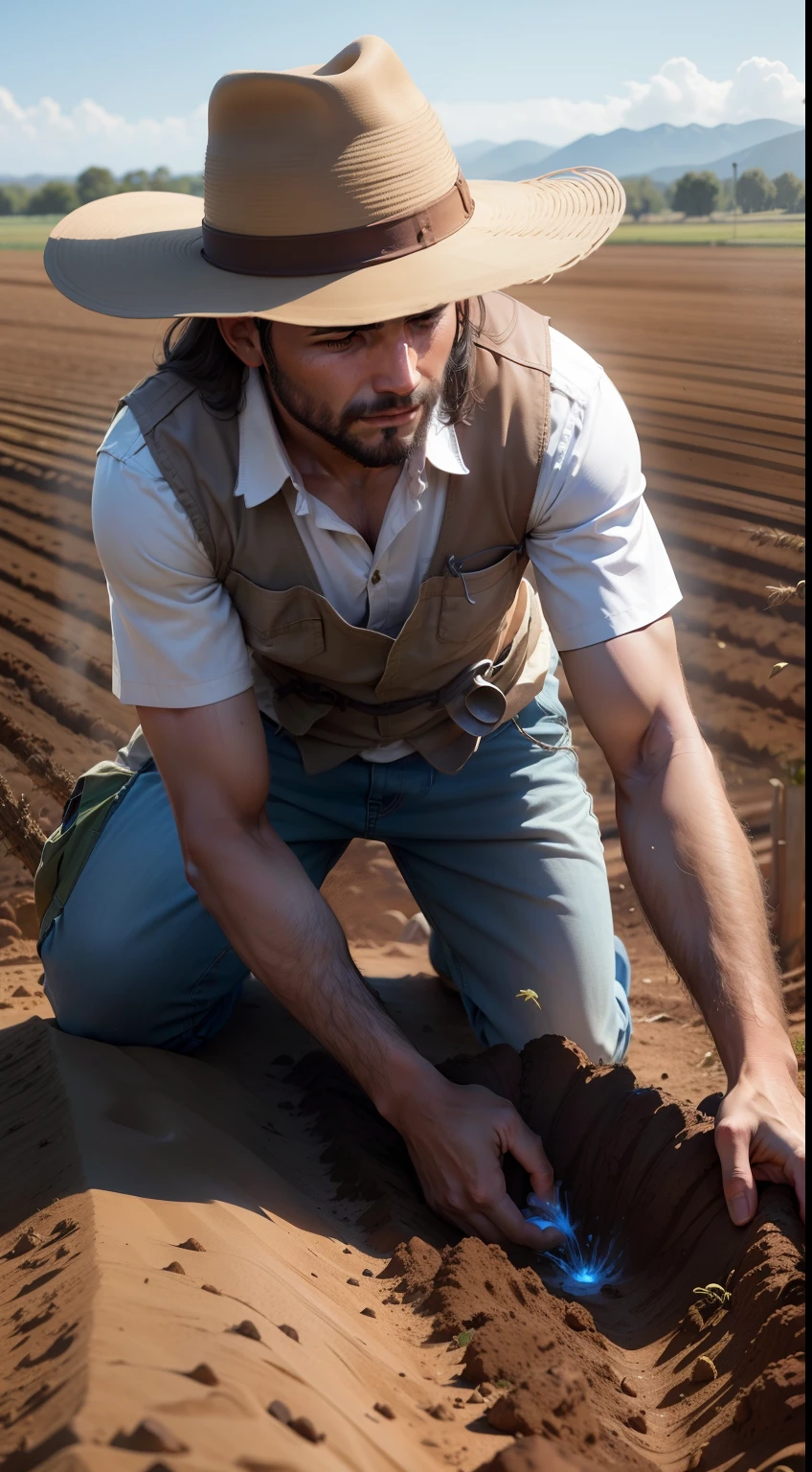 Um lavrador idoso trabalhando incansavelmente, tombando a terra com um trator em um imenso campo, preparing the soil for planting grain.