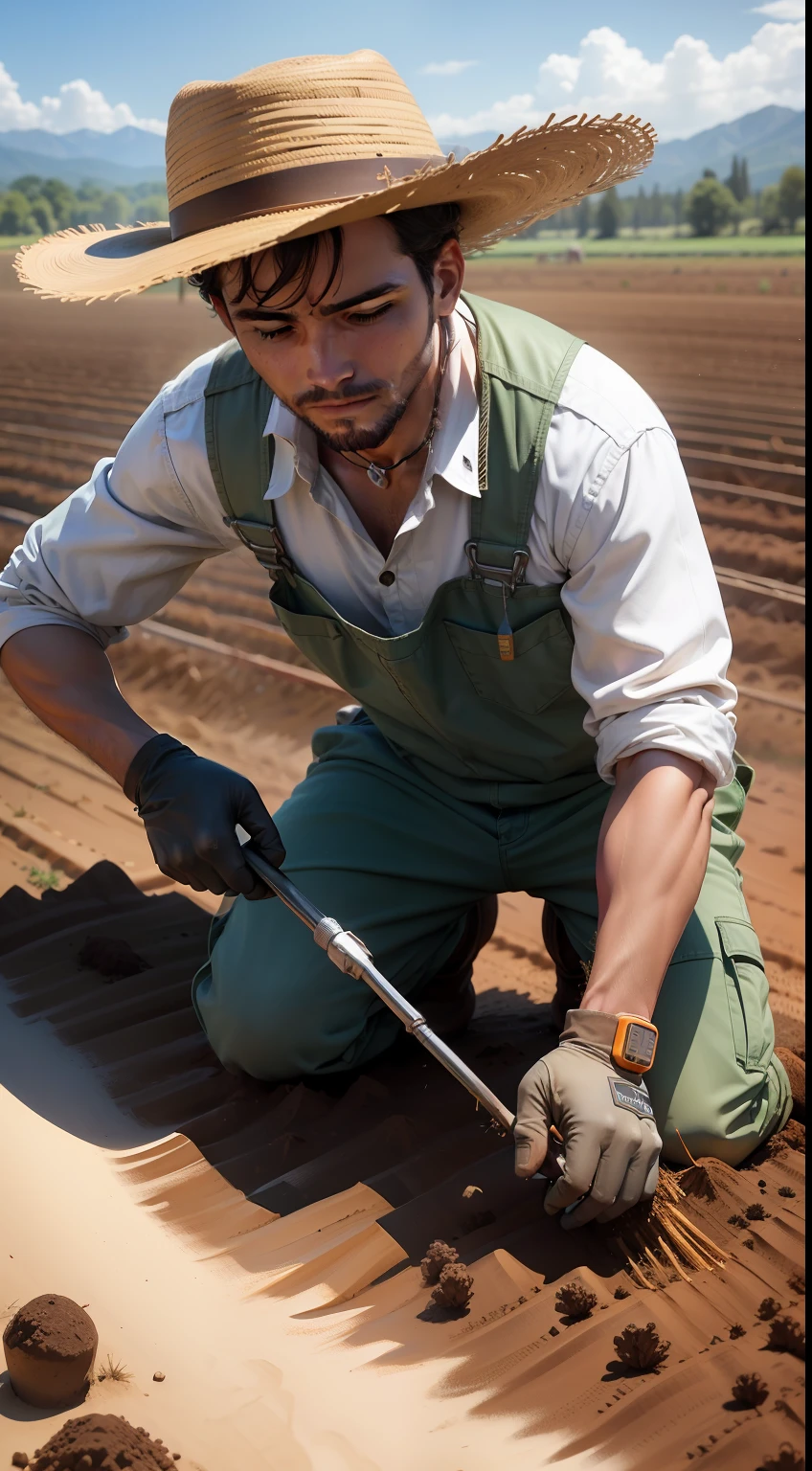 Um lavrador idoso trabalhando incansavelmente, tombando a terra com um trator em um imenso campo, preparing the soil for planting grain.