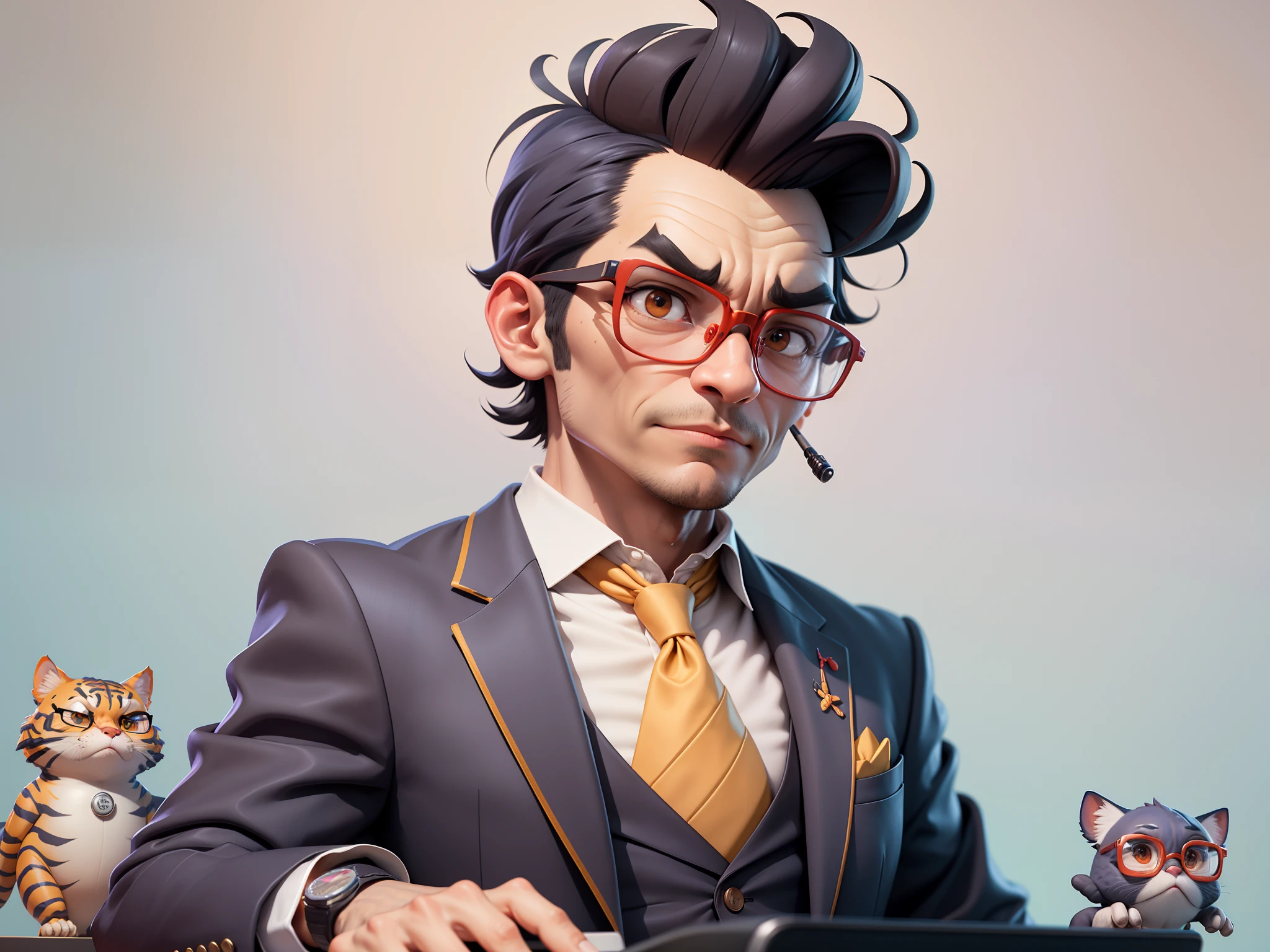 A young man in a suit, Short hair and glasses sat at his desk,holding laptop,digitial painting,tigre,3D character design by Mark Clairen and Pixar and Hayao Miyazaki and Akira Toriyama,4K HD illustration,Very detailed facial features and cartoon-style visuals。